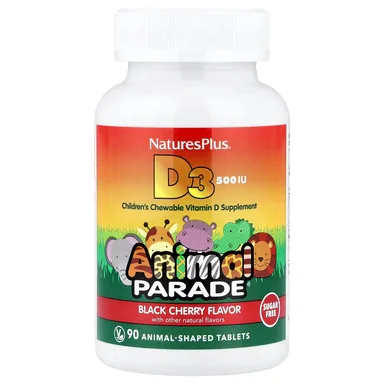 Фото товара: Детский жевательный витамин D3 NaturesPlus Animal Parade®, 12.5 мкг (500 МЕ), 90 жевательных таблеток в форме животных