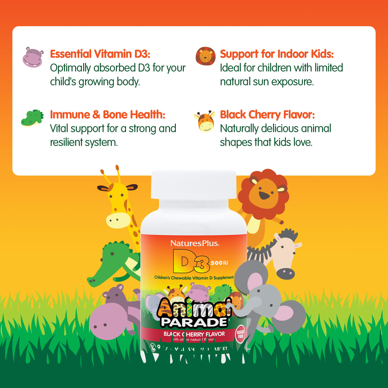 Детский жевательный витамин D3 NaturesPlus Animal Parade®, 12.5 мкг (500 МЕ), 90 жевательных таблеток в форме животных — фото 3