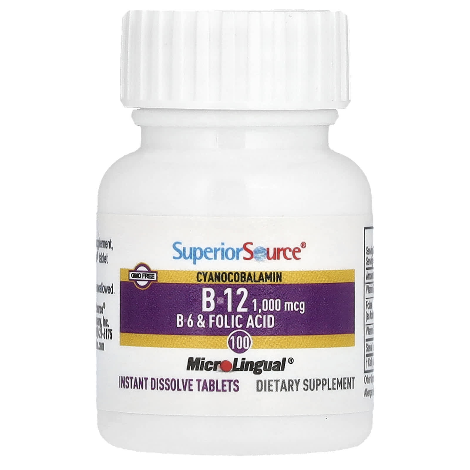 Цианокобаламин B12 Superior Source B-6 & Folic Acid, 100 быстрорастворимых таблеток MicroLingual