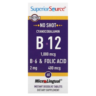 Цианокобаламин B12 Superior Source & B-12 & B-6 & Folic Acid 1, 1000 мкг, 400 мкг, 2 мг, 60 быстрорастворимых таблеток MicroLingual
