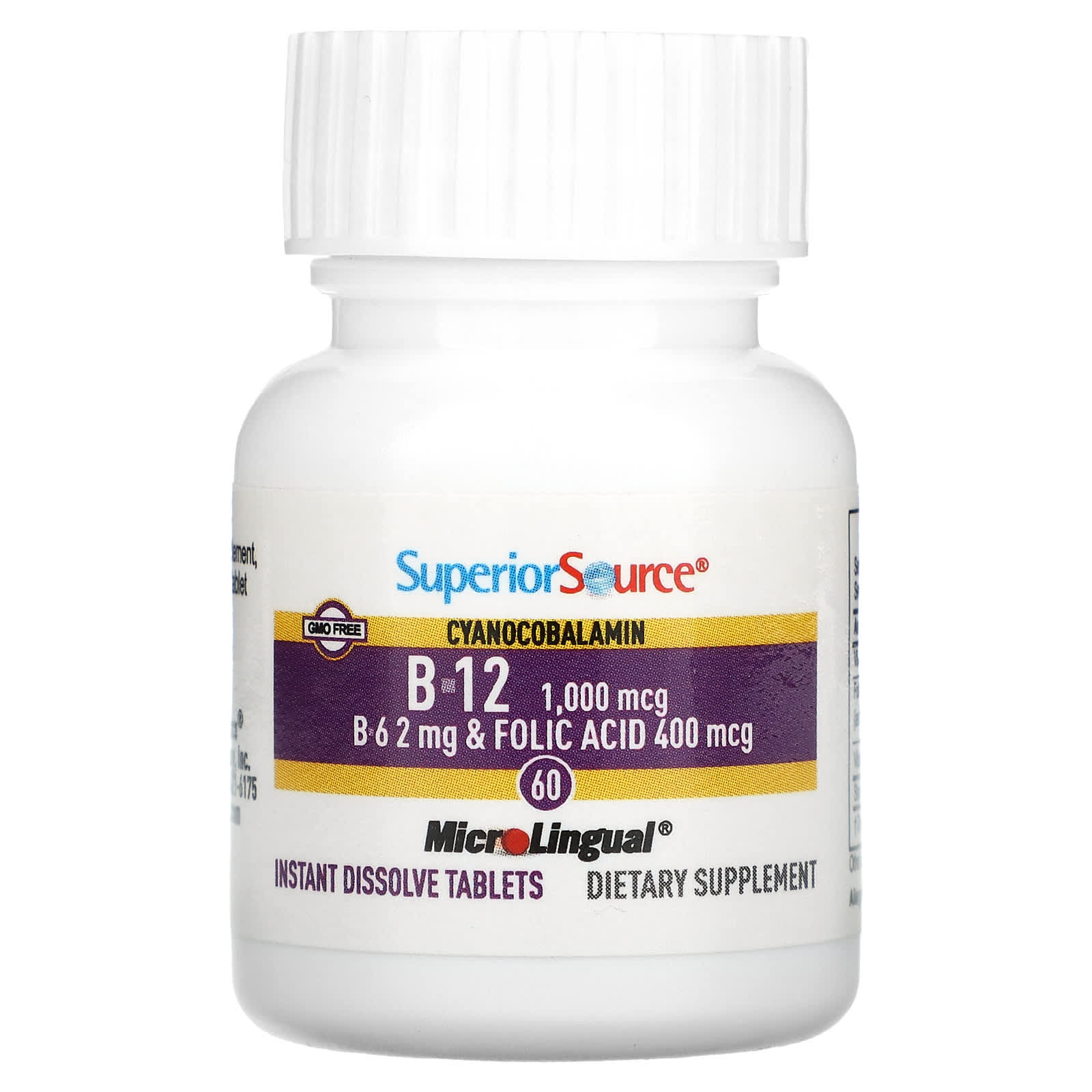 Цианокобаламин B12 Superior Source & B-12 & B-6 & Folic Acid 1, 1000 мкг, 400 мкг, 2 мг, 60 быстрорастворимых таблеток MicroLingual — фото 3