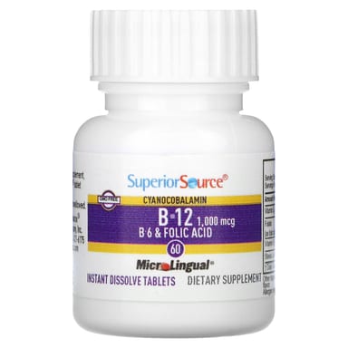 Цианокобаламин B12 Superior Source B-6 & Folic Acid, 60 быстрорастворимых таблеток MicroLingual