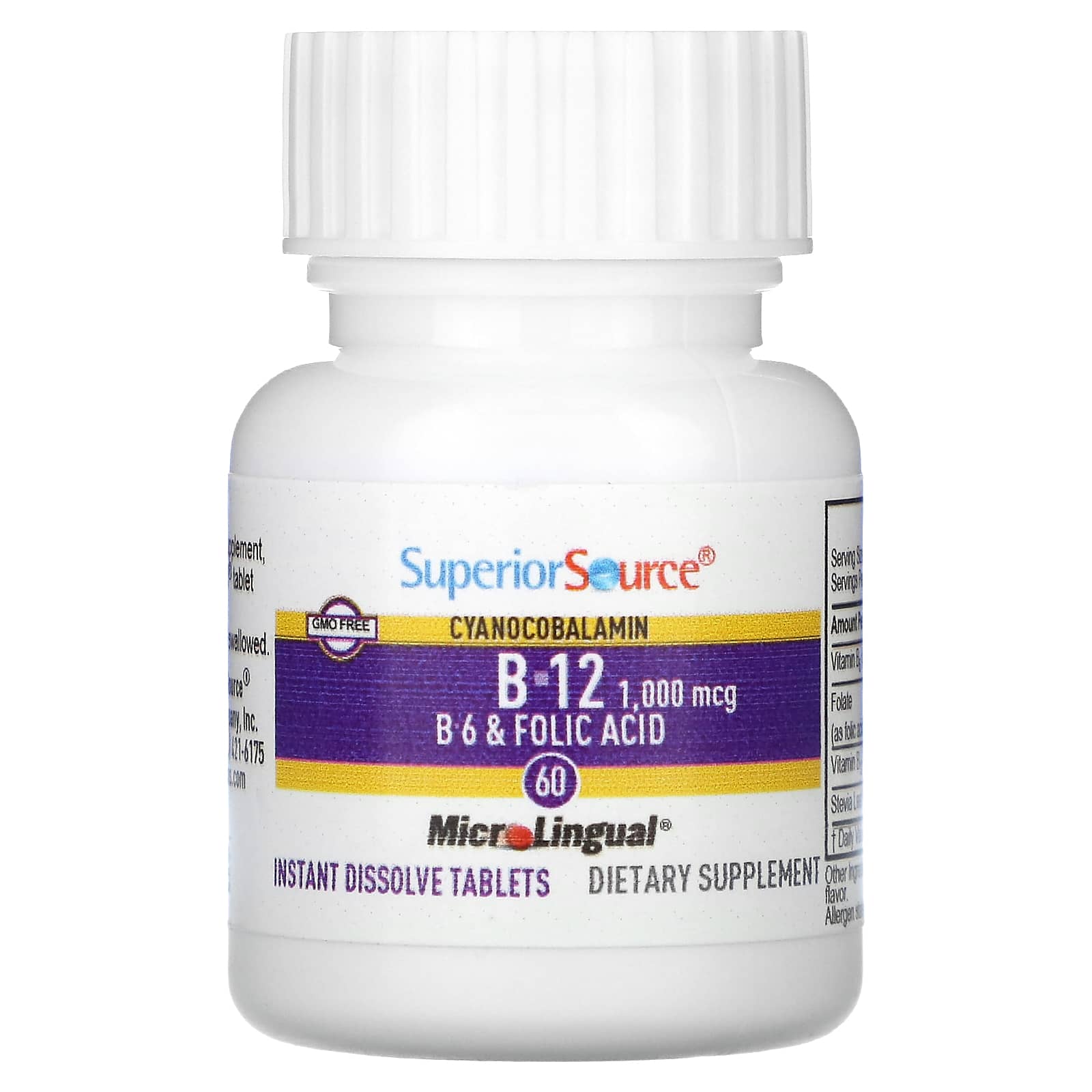 Цианокобаламин B12 Superior Source B-6 & Folic Acid, 60 быстрорастворимых таблеток MicroLingual