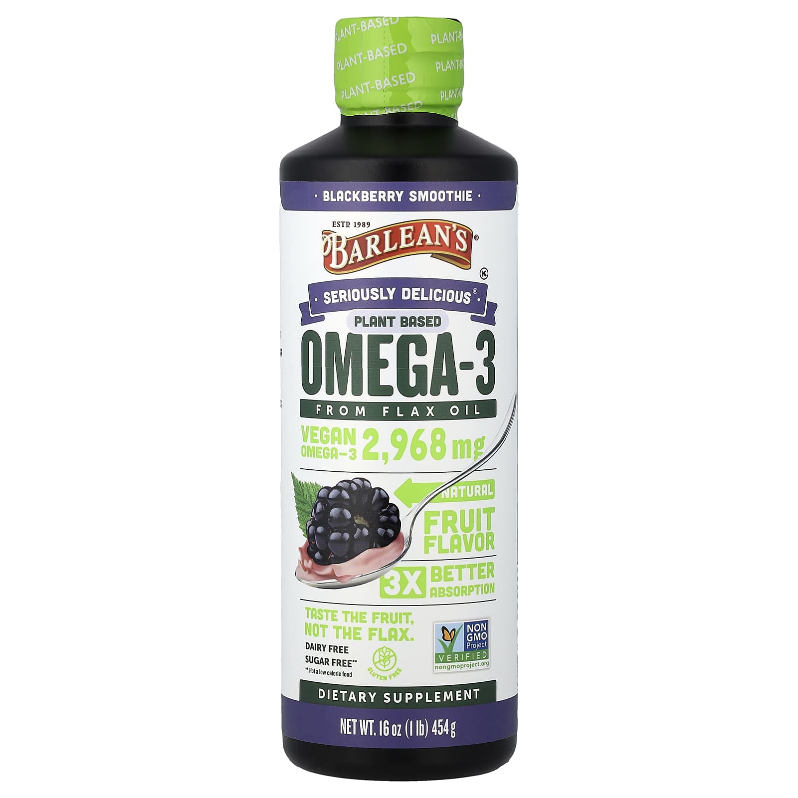 Омега-3 Barlean's Seriously Delicious® from Flax Oil Blackberry Smoothie, 454 г, масло