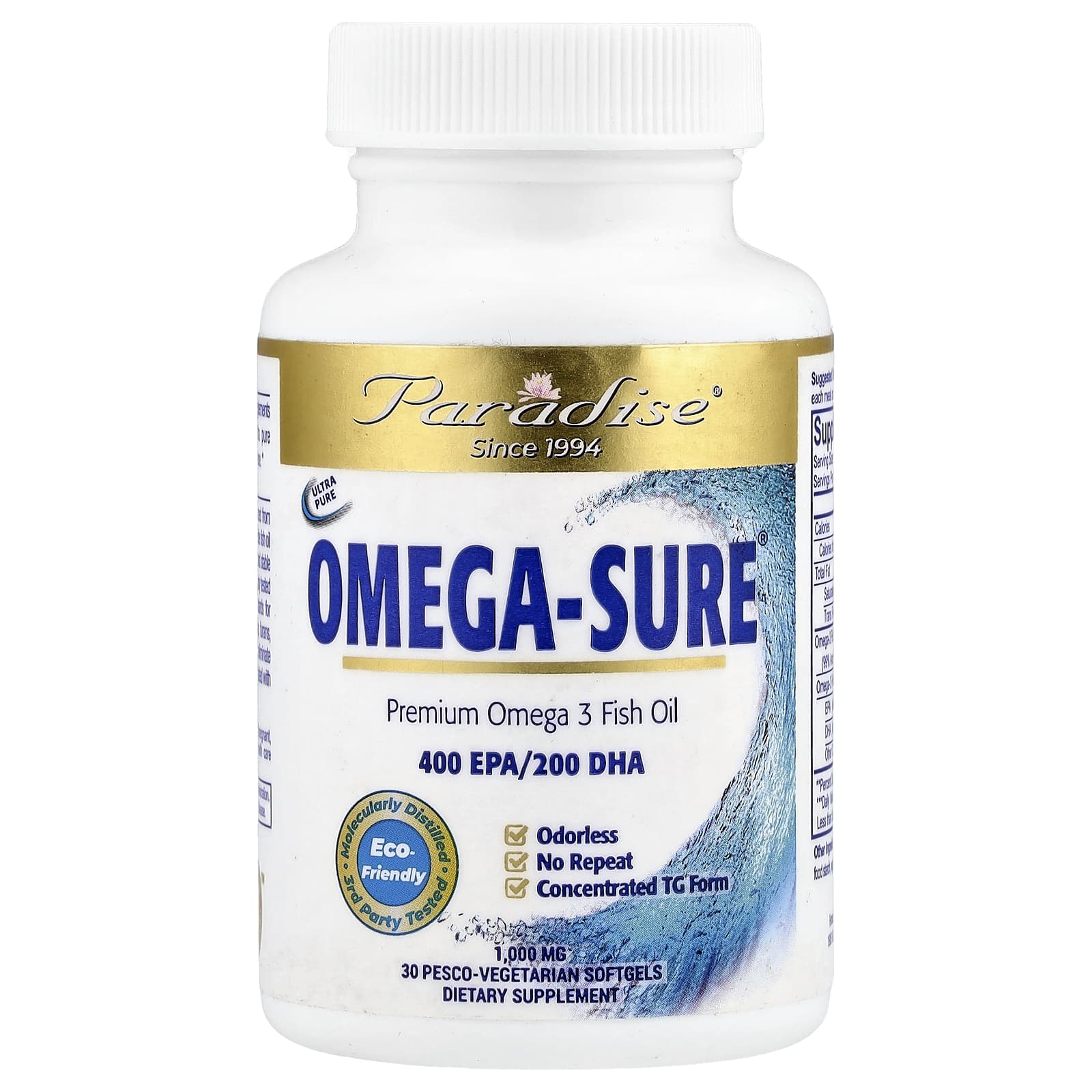 Рыбий жир Paradise Herbs Omega Sure® Premium Omega- 30 Pesco Vegetarian, 1000 мг, мягкие капсулы