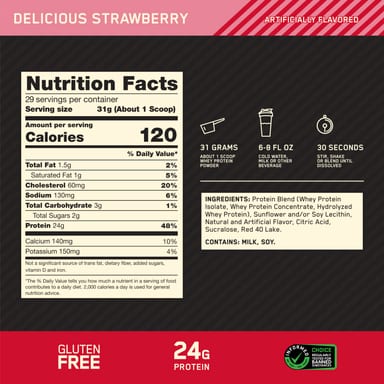 Сывороточный протеин Optimum Nutrition Gold Standard® 100% Delicious Strawberry, 907 г, 2 lb