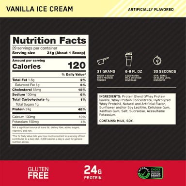 Сывороточный протеин Optimum Nutrition Gold Standard® 100% Vanilla Ice Cream, 899 г, 1.98 lb, крем