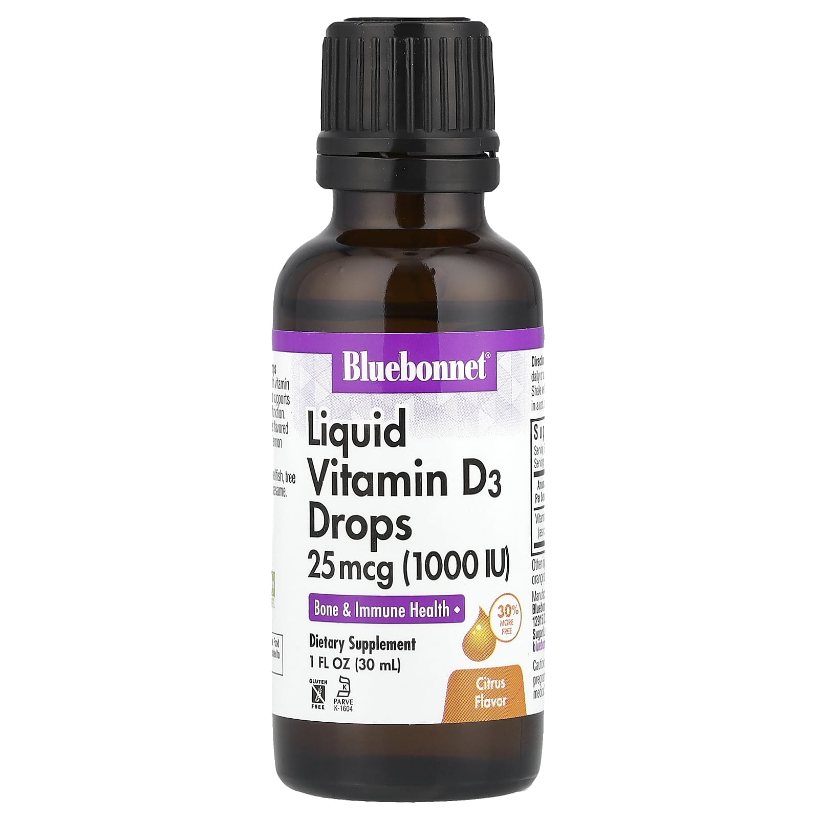 Капли витамина D3 Bluebonnet Nutrition Liquid, оттенок Citrus, 25 мкг (1000 МЕ), 30 мл, жидкая форма