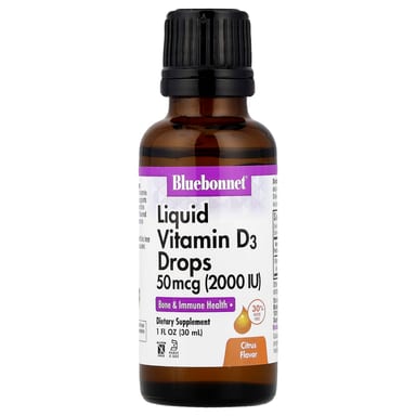 Капли витамина D3 Bluebonnet Nutrition Liquid, оттенок Citrus, 50 мкг (2000 МЕ), 30 мл, жидкая форма