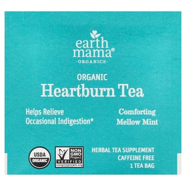 Чай Earth Mama Organics Organic Heartburn Comforting Mellow Mint Caffeine Free, оттенок 16 Tea Bags, 27.2 г, чайные пакетики