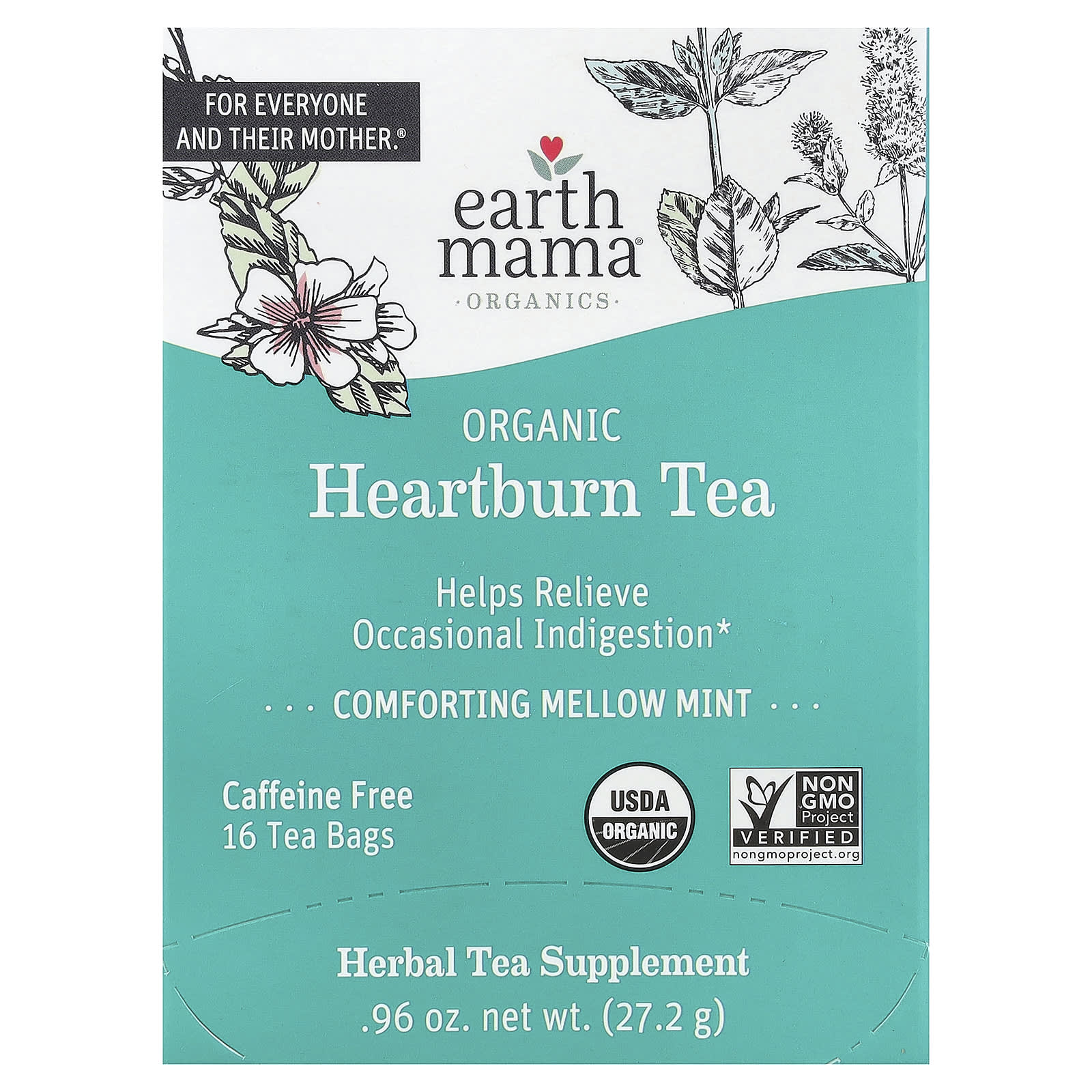 Чай Earth Mama Organics Organic Heartburn Comforting Mellow Mint Caffeine Free, оттенок 16 Tea Bags, 27.2 г, чайные пакетики — фото 2