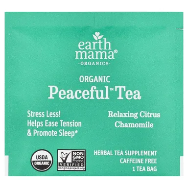 Фото товара: Чай Earth Mama Organics Organic Peaceful™ Relaxing Citrus Chamomile Caffeine Free, 16 чайных пакетиков, 24.8 г, чайные пакетики