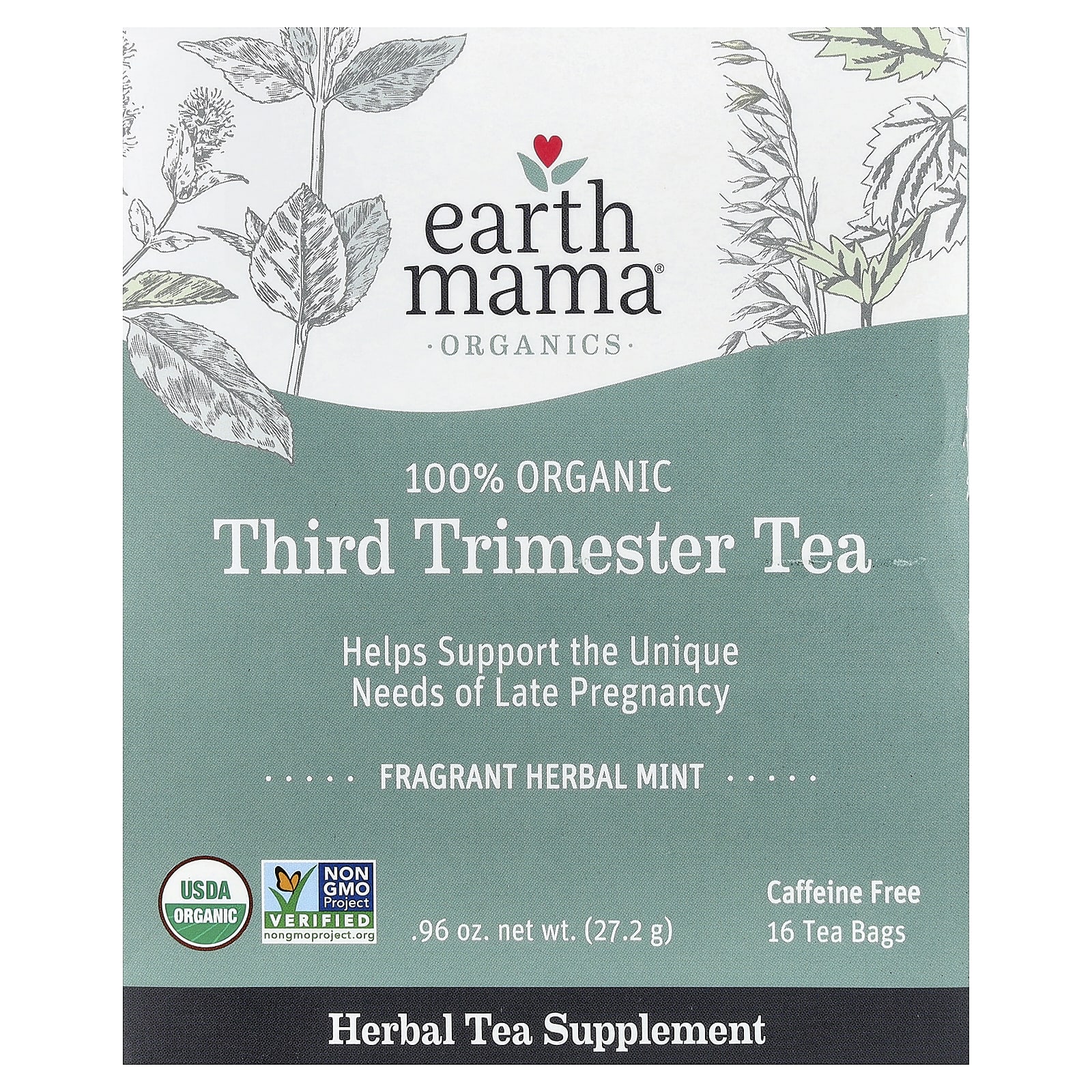 Чай Earth Mama Organics 100 Organic Third Trimester Mint Caffeine Free, оттенок 16 Tea Bags, 27.2 г, чайные пакетики — фото 2
