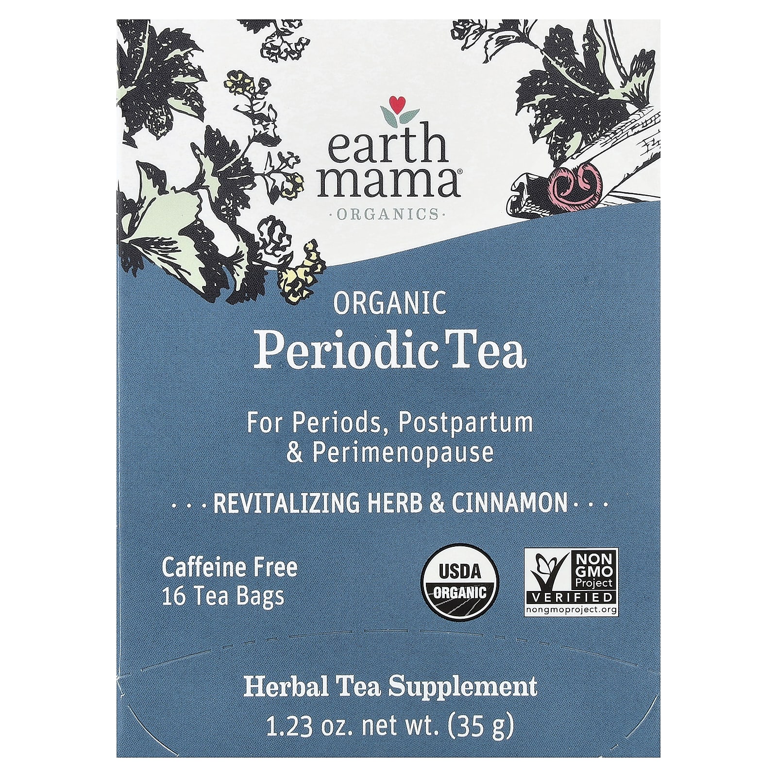 Чай Earth Mama Organics Organic Periodic Revitalizing Herb & Cinnamon Caffeine Free, оттенок 16 Tea Bags, 35 г, чайные пакетики — фото 2