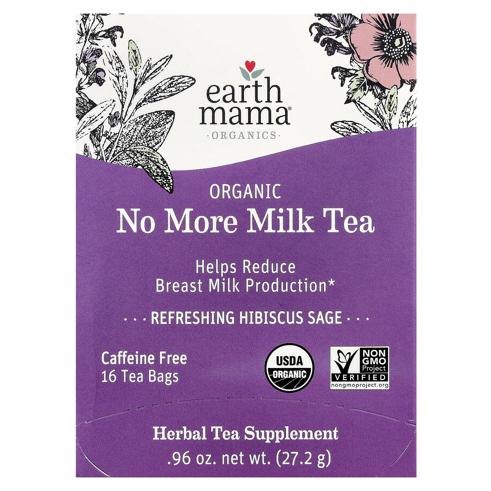 Чай Earth Mama Organics Organic No More Milk Refreshing Hibiscus Sage Caffeine Free, оттенок 16 Tea Bags, 27.2 г, чайные пакетики — фото 2
