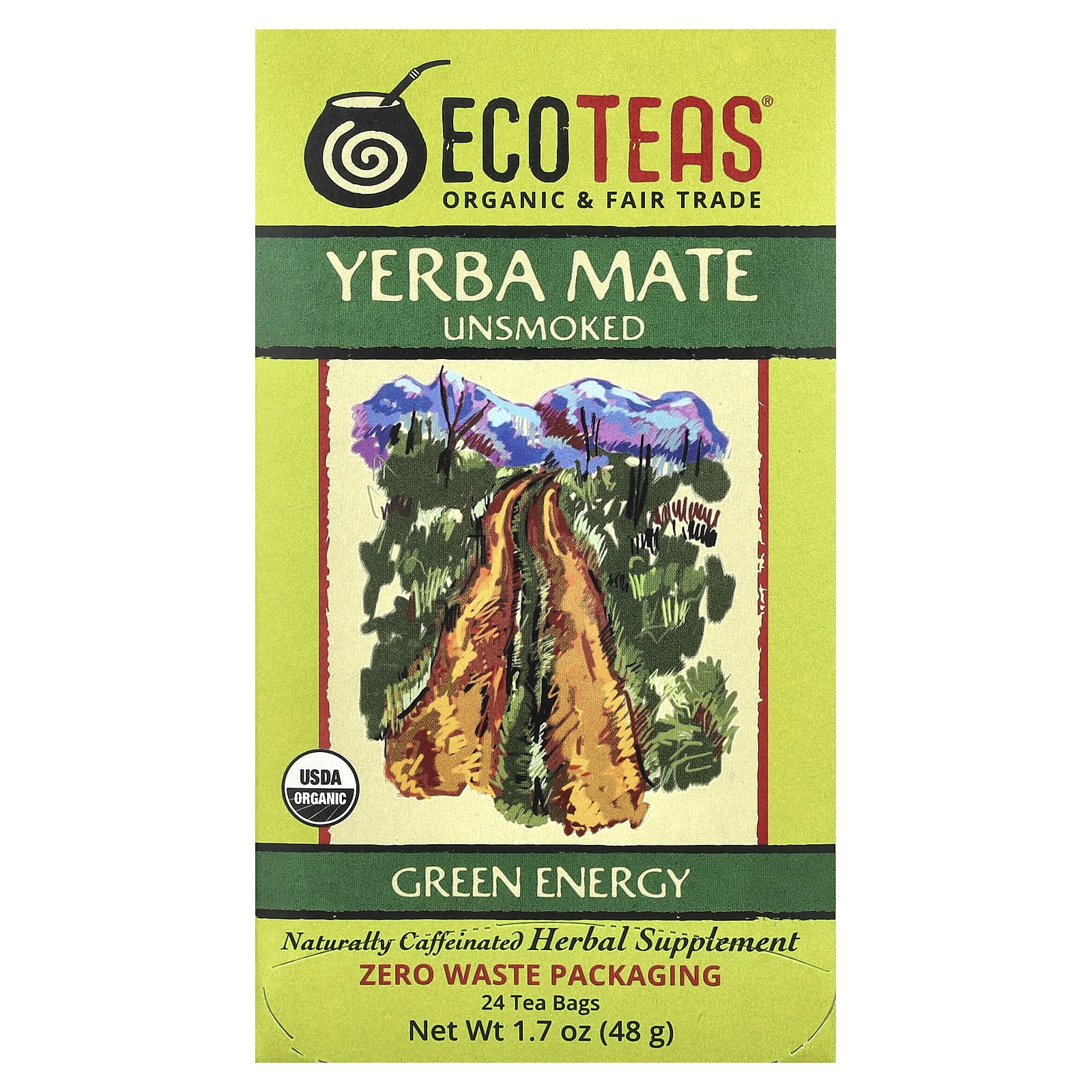 Чай EcoTeas Yerba Mate Green Energy Unsmoked, оттенок 24 Tea Bags, 48 г, чайные пакетики