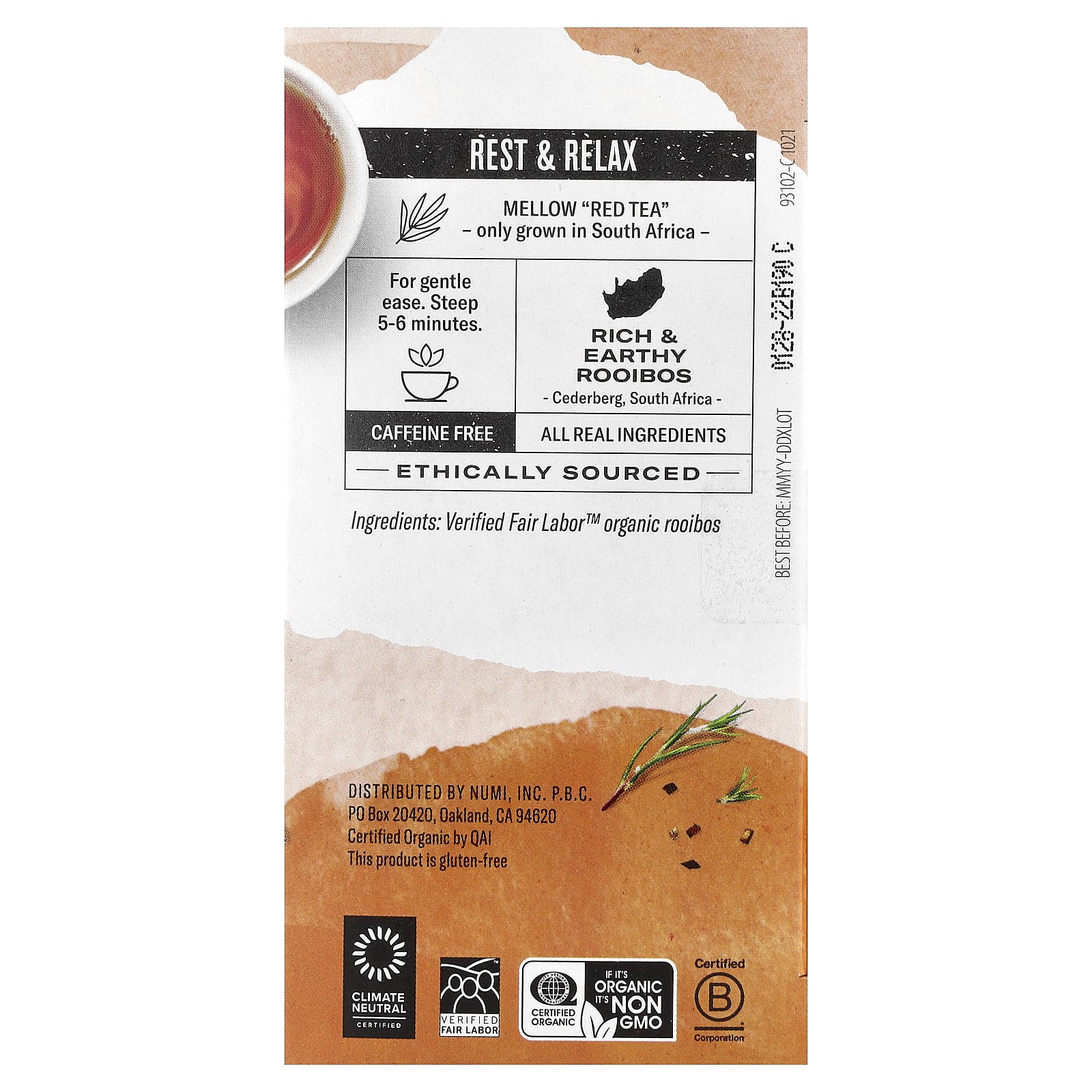 Чай Numi Tea Organic Herbal Teasan Rooibos Caffeine Free, оттенок 18 Non-GMO Tea Bags, 43.2 г, чайные пакетики — фото 2