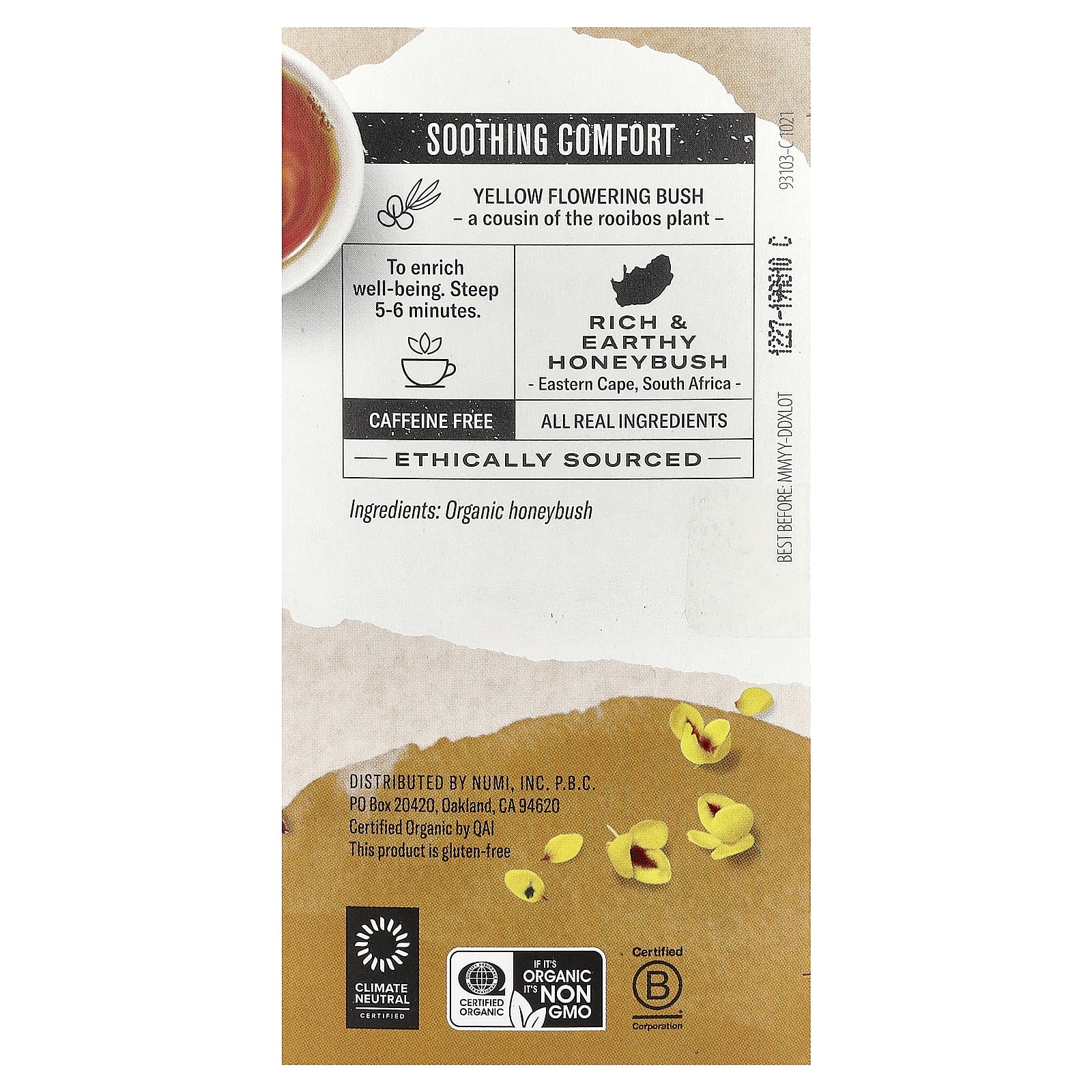 Чай Numi Tea Organic Herbal Teasan Honeybush Caffeine Free, оттенок 18 Non-GMO Tea Bags, 43.2 г, чайные пакетики — фото 3