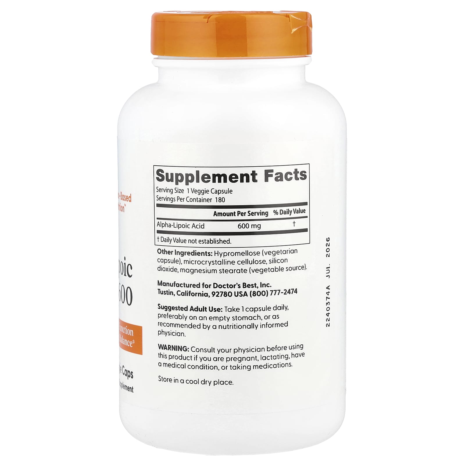 Альфа-липоевая кислота Doctor's Best Alpha-Lipoic Acid 600, 600 мг, 180 растительных капсул — фото 2