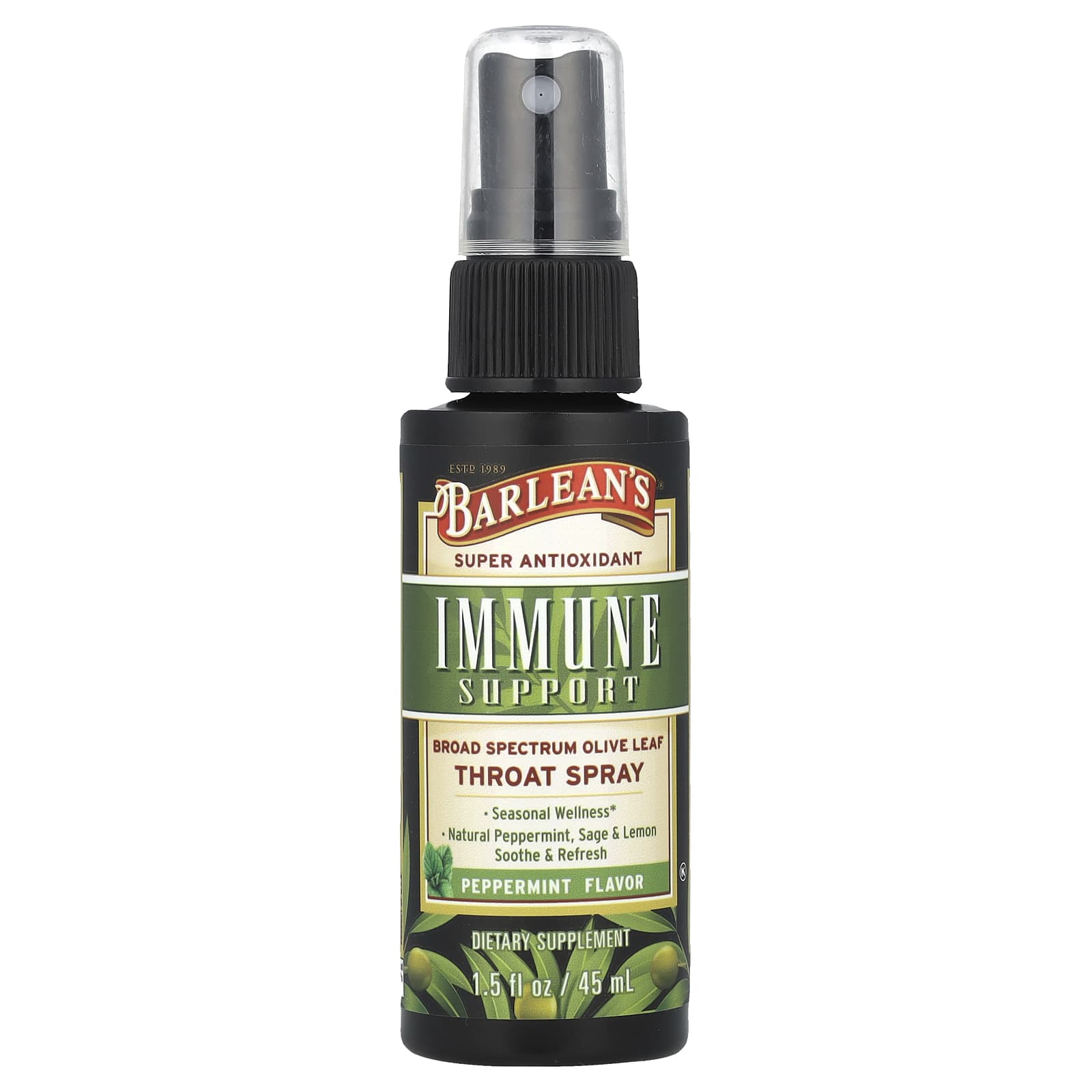 Поддержка иммунитета Barlean's Immune Broad Spectrum Olive Leaf Throat Spray, оттенок Peppermint, 45 мл, спрей