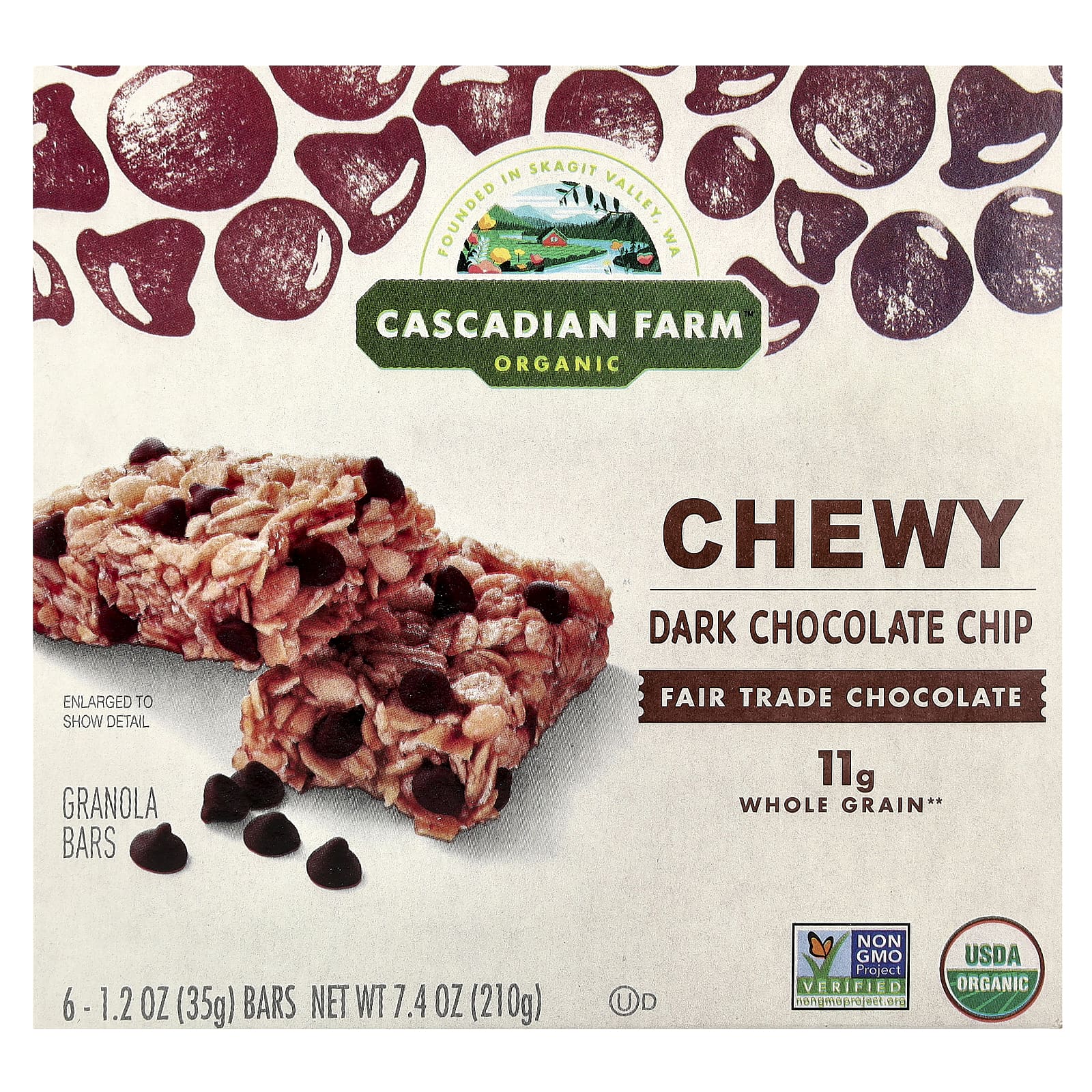 Темный шоколад Cascadian Farm Organic Chewy Granola Bars Chip, 35 г, 6 шт., батончик — фото 2