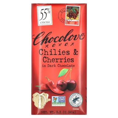 Темный шоколад Chocolove Chilies & Cherries in 55% Cacao, 90 г