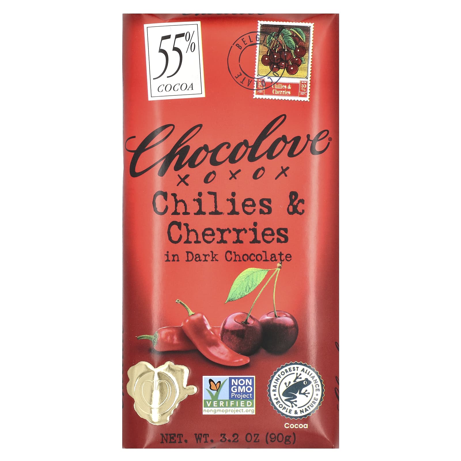 Темный шоколад Chocolove Chilies & Cherries in 55% Cacao, 90 г