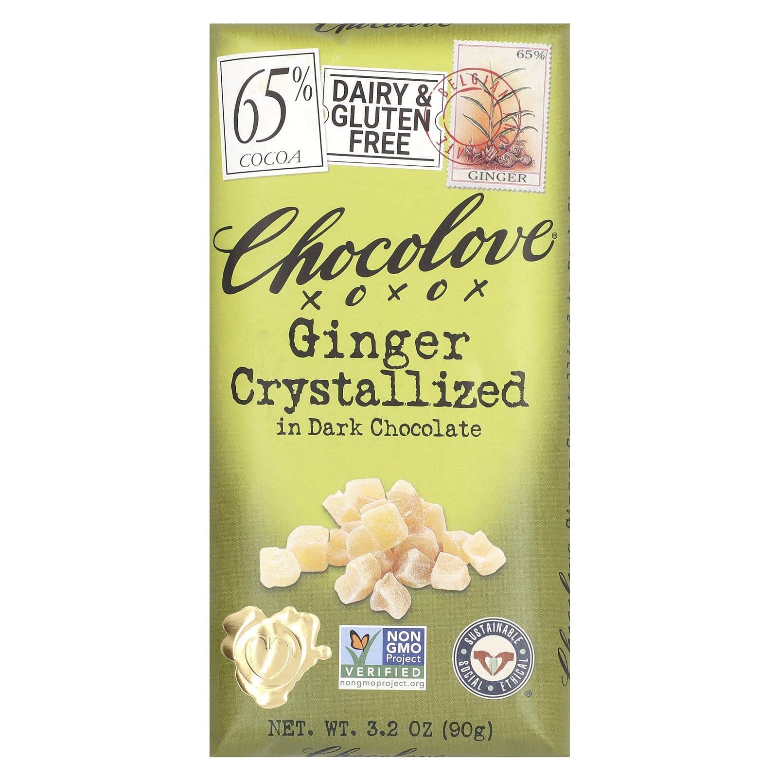 Темный шоколад Chocolove Ginger Crystallized in 65% Cocoa, 90 г