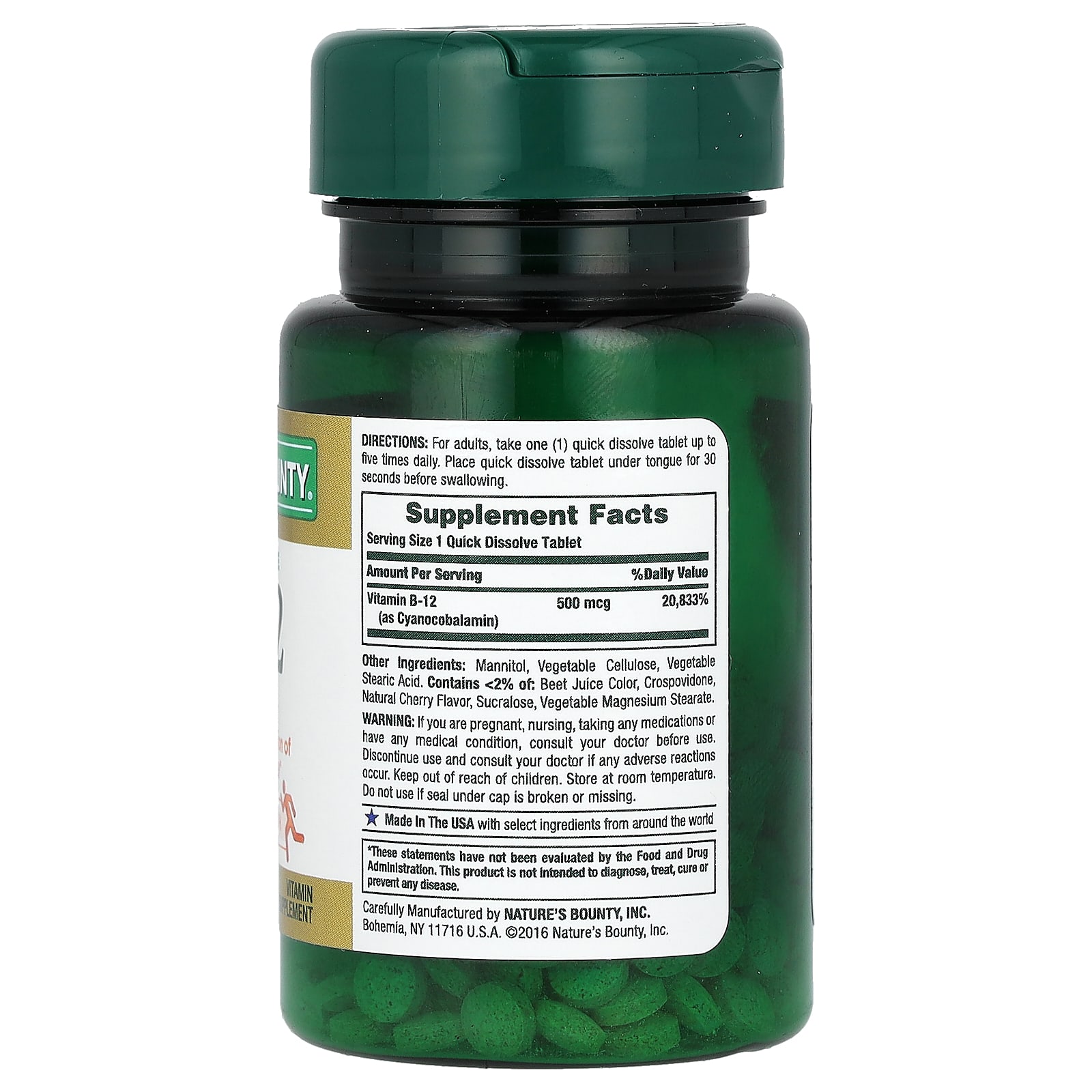 Витамин B12 Nature's Bounty 100 Quick Dissolve Tablets, вкус Natural Cherry, 500 мкг, таблетки — фото 2