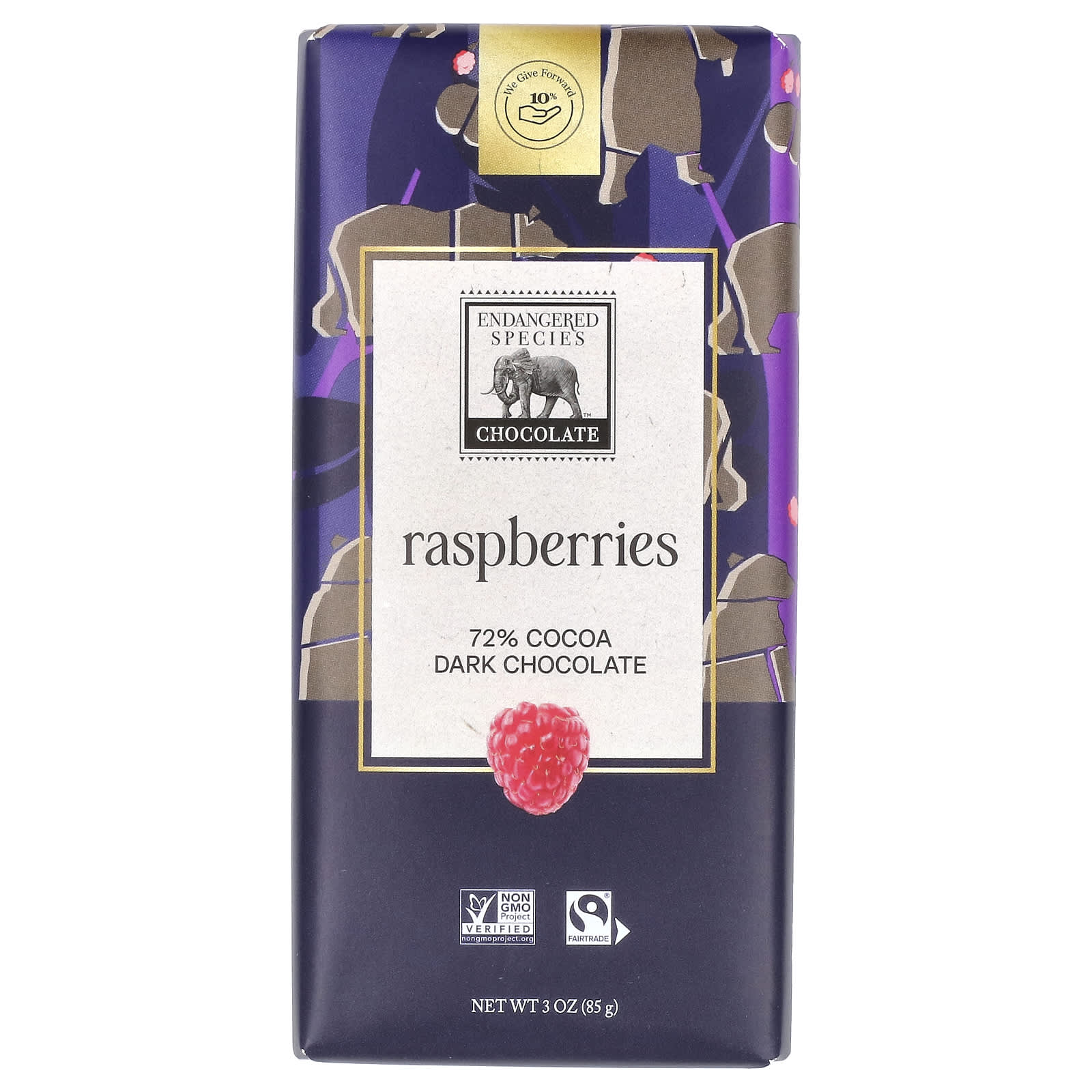 Темный шоколад Endangered Species Chocolate Raspberries + 72% Cocoa, 85 г