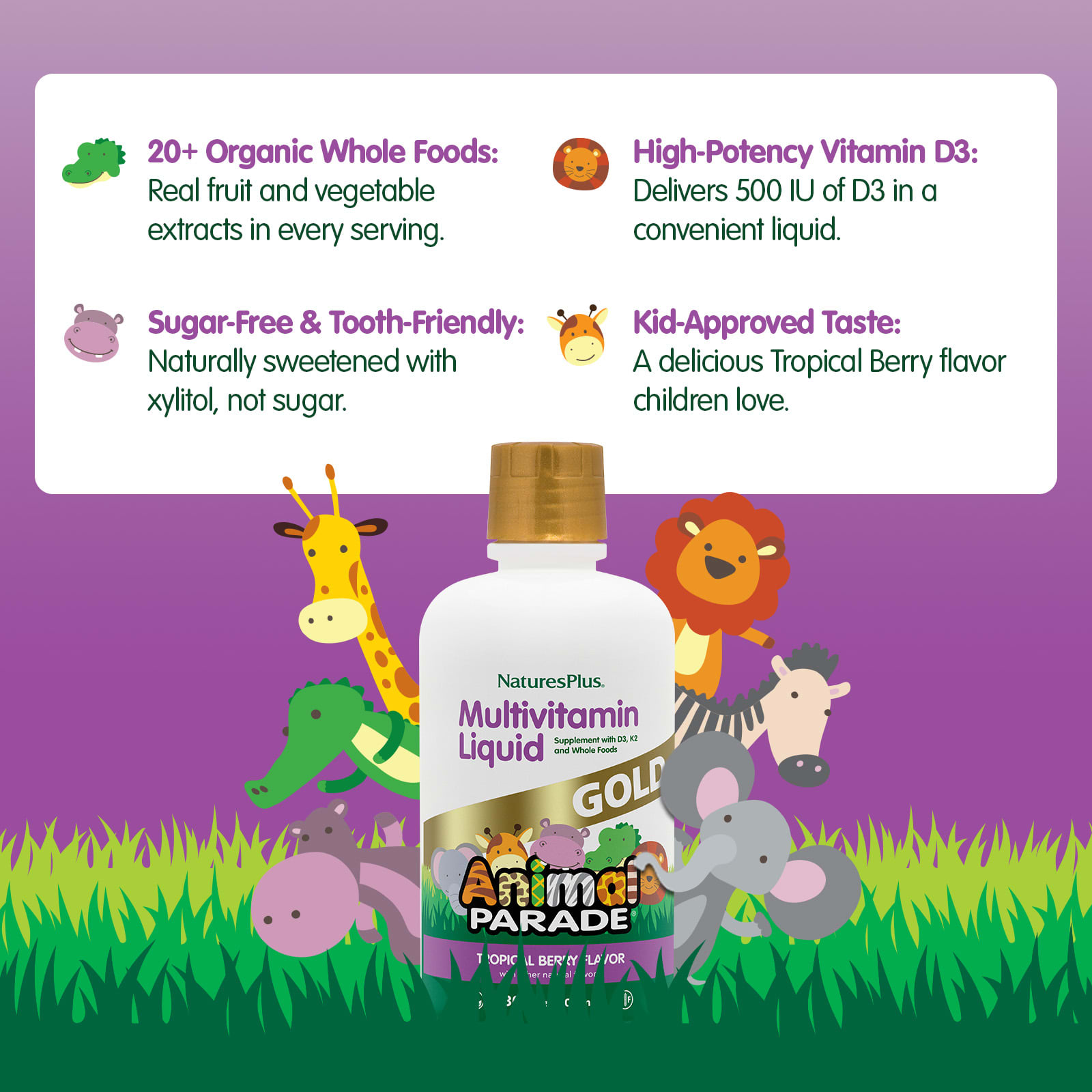 Мультивитамины NaturesPlus Animal Parade® Gold Liquid Tropical Berry, 900 мл, жидкая форма — фото 4