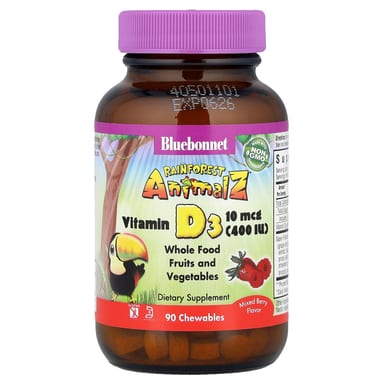 Витамин D3 Bluebonnet Nutrition Rainforest Animalz® Mixed Berry, 90 жевательных таблеток