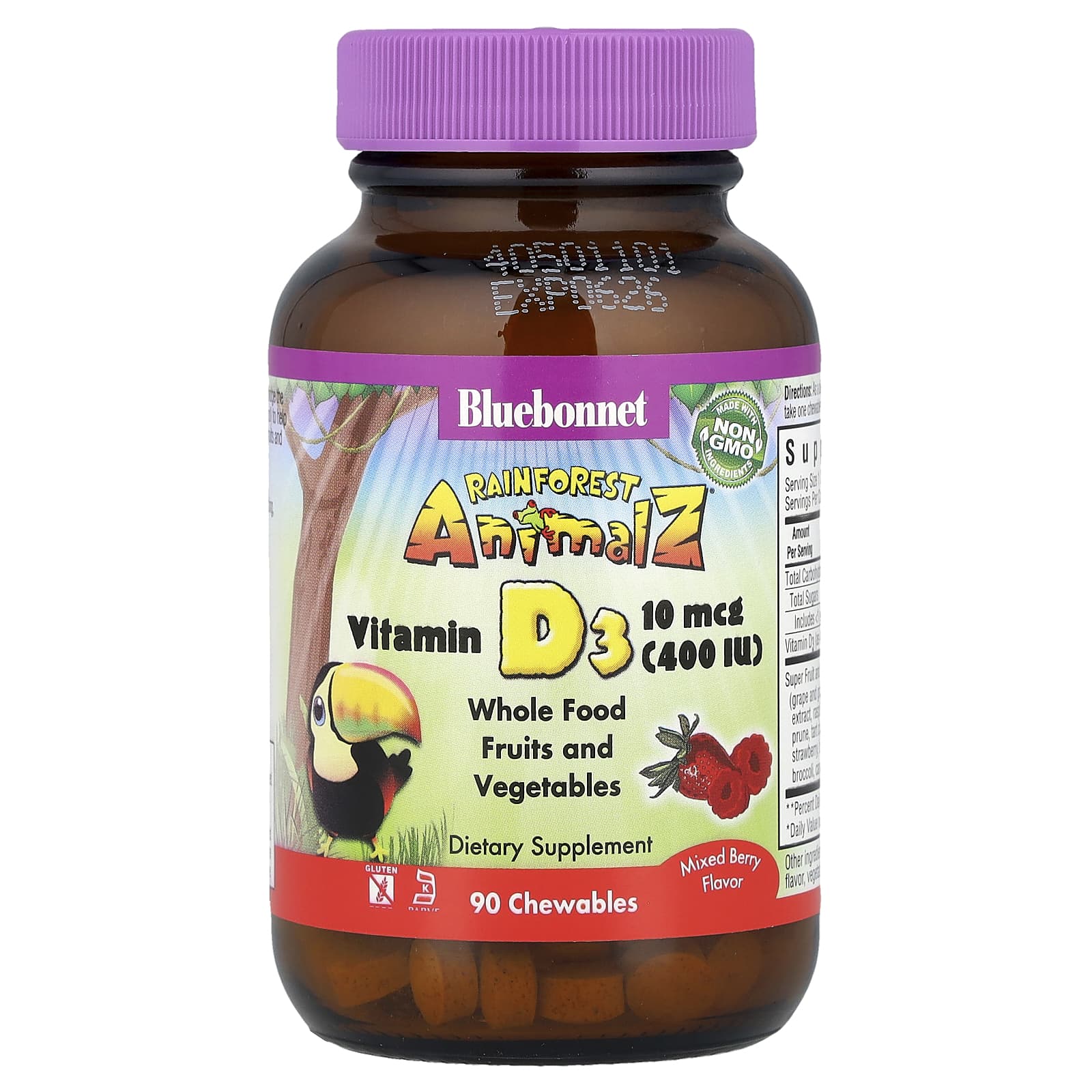 Витамин D3 Bluebonnet Nutrition Rainforest Animalz® Mixed Berry, 90 жевательных таблеток