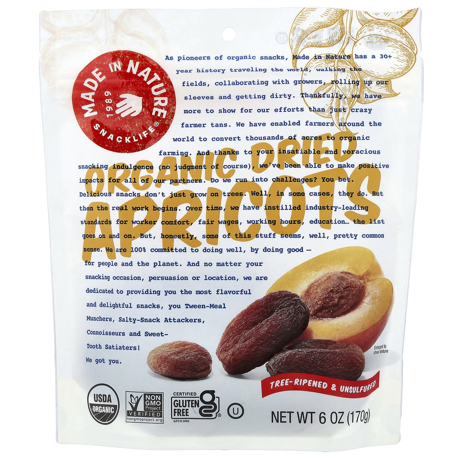 Сушёные абрикосы Made in Nature Organic Tree-Ripened & Unsulfured, 170 г