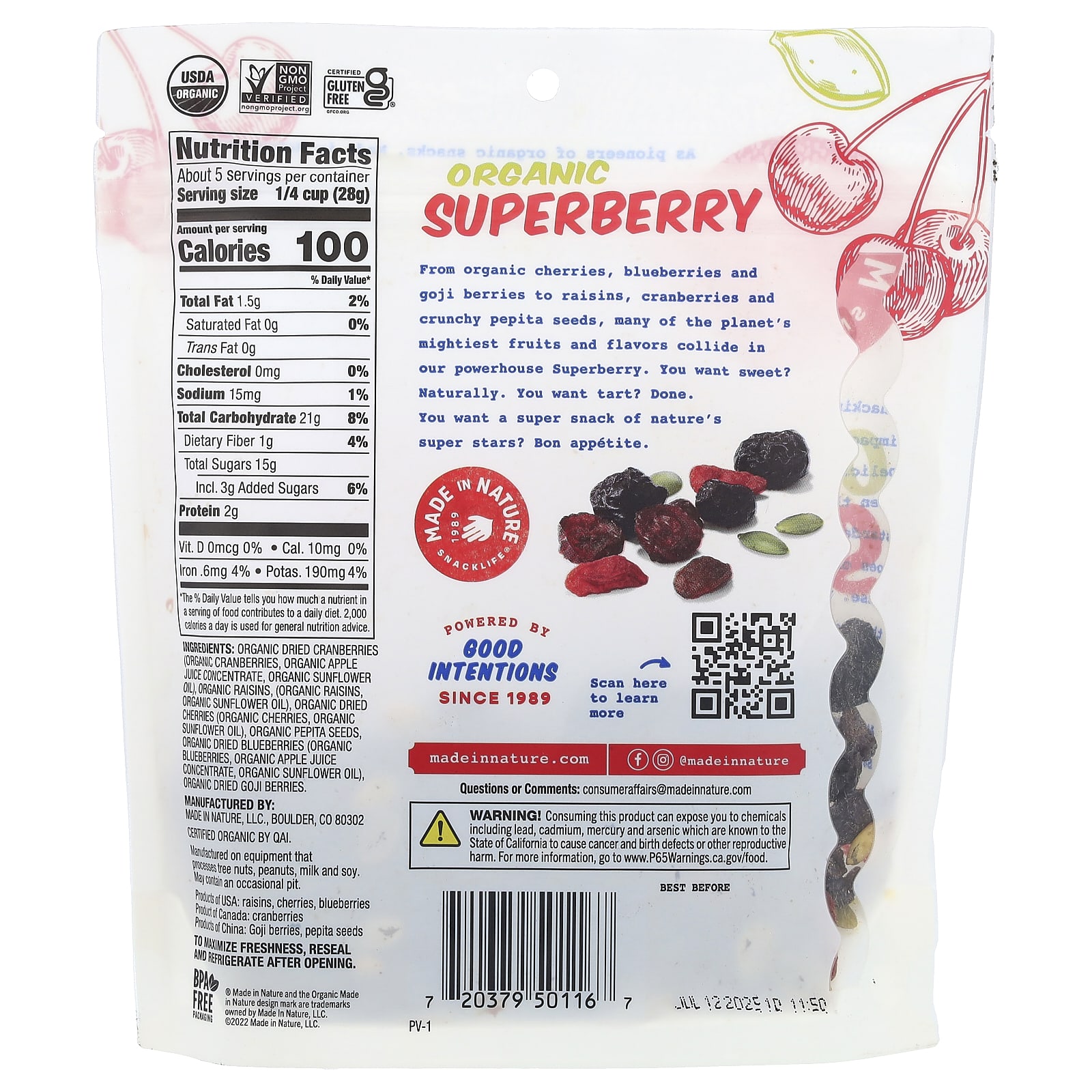 Ягоды годжи Made in Nature Cranberries Raisins Cherries Pepita Seeds Blueberries &, вкус Organic Superberry, 142 г — фото 2