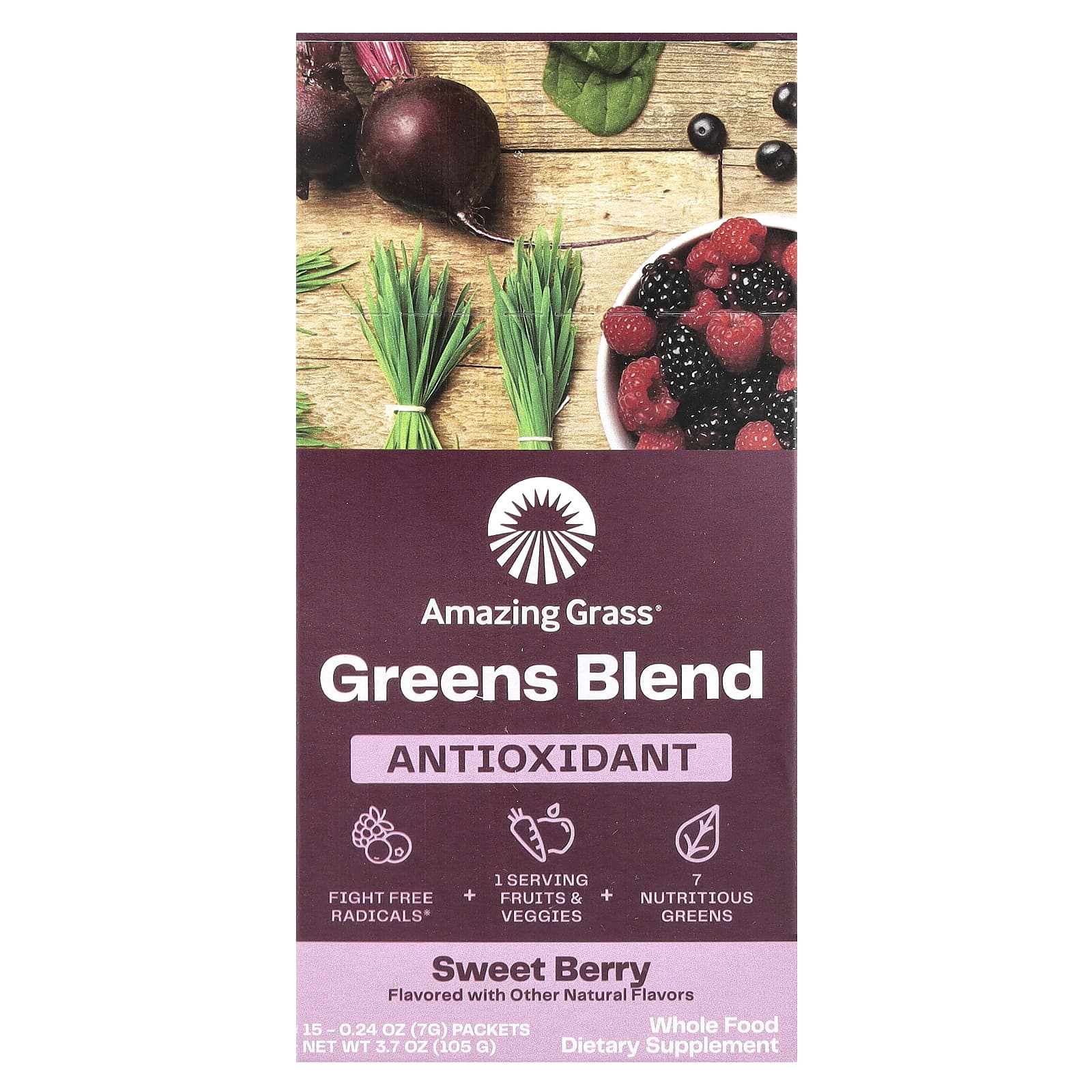 Зеленый комплекс Amazing Grass Antioxidant Sweet Berry, оттенок 15 Packets, 7 г, саше — фото 2
