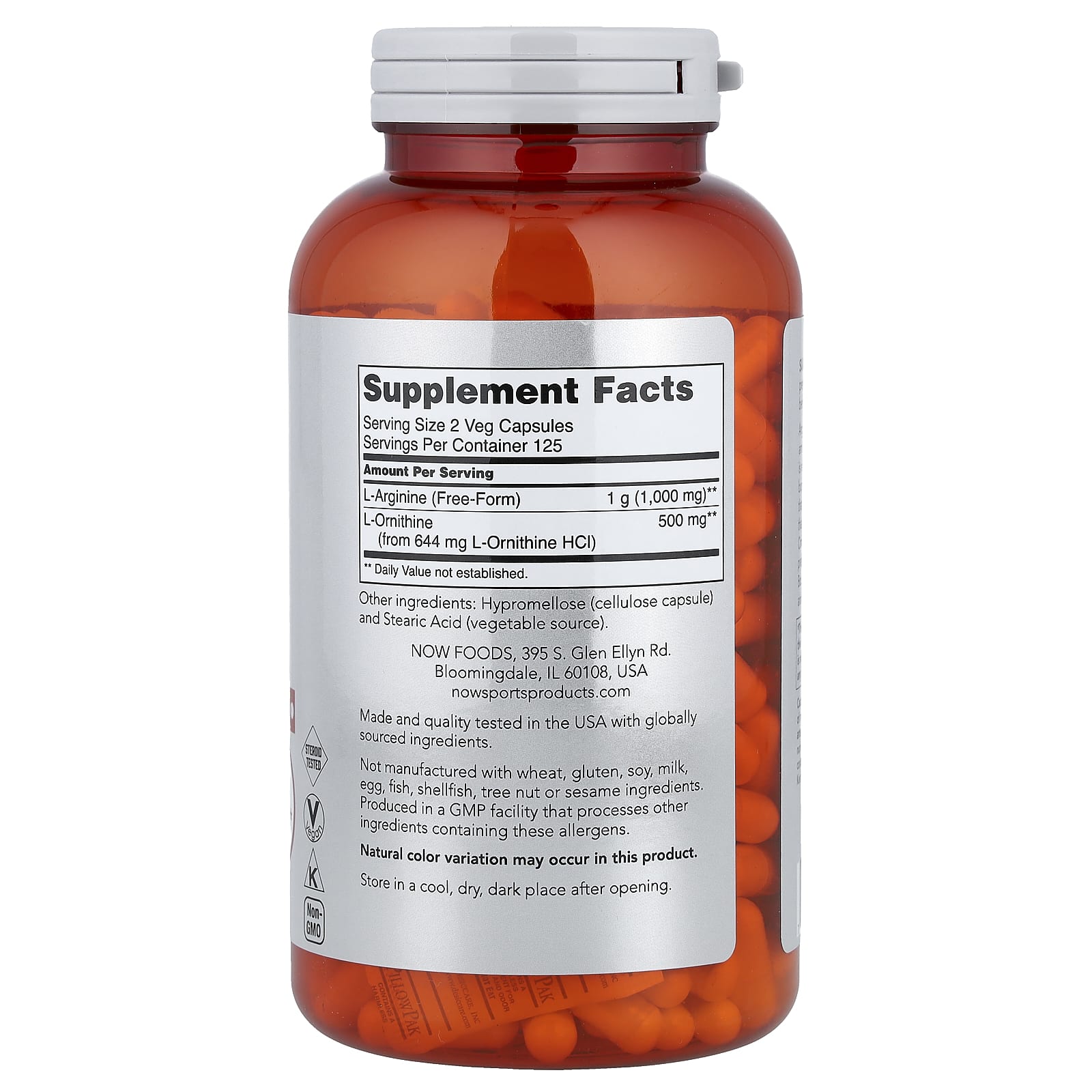 Аргинин и орнитин NOW Foods Arginine & Ornithine, 250 растительных капсул — фото 2