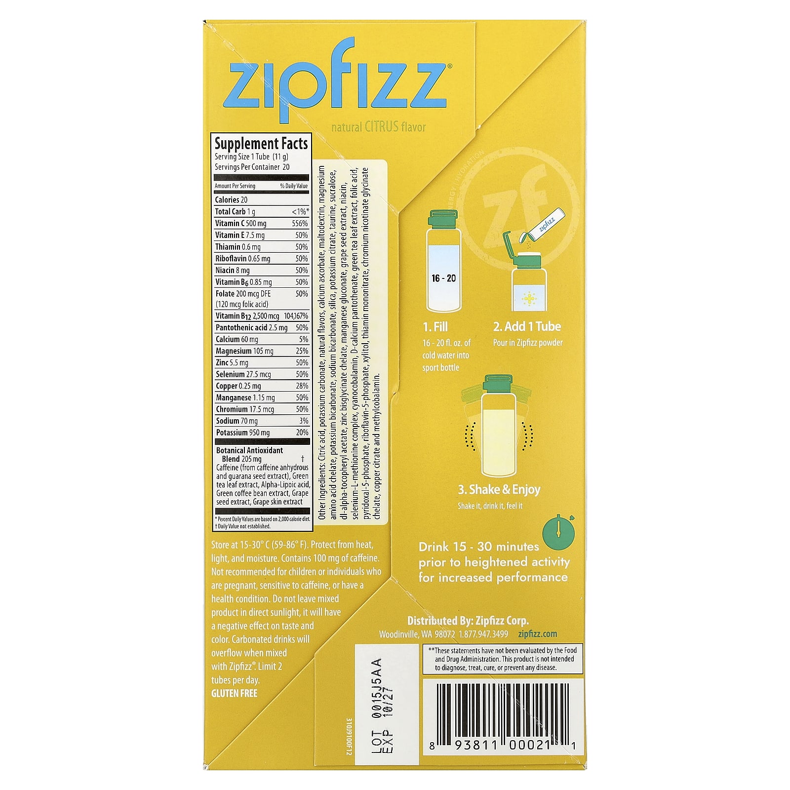 Смесь для энергетического напитка Zipfizz Citrus, оттенок 20 Tubes, 11 г, смесь для напитка — фото 3