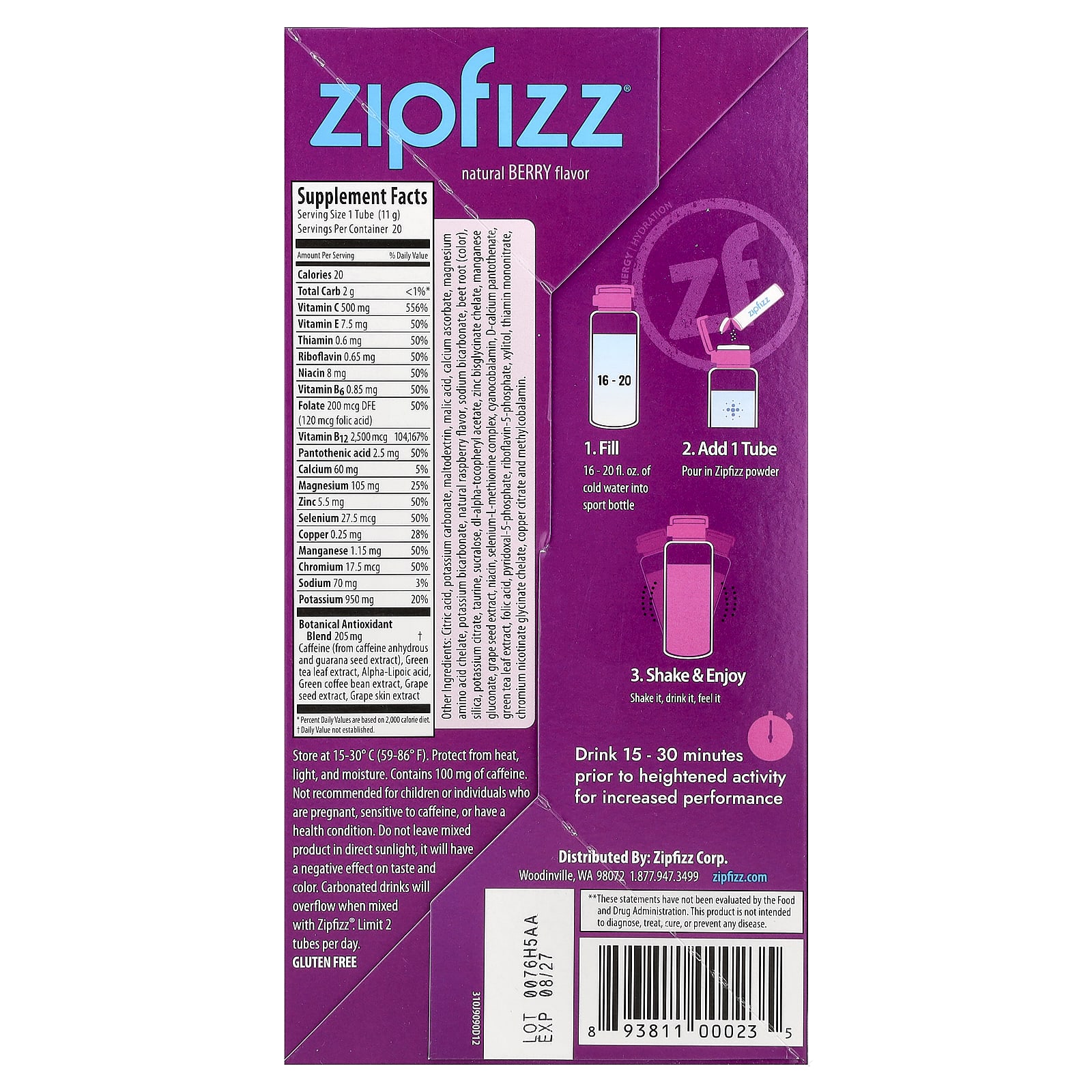 Смесь для энергетического напитка Zipfizz Berry, оттенок 20 Tubes, 11 г, смесь для напитка — фото 3