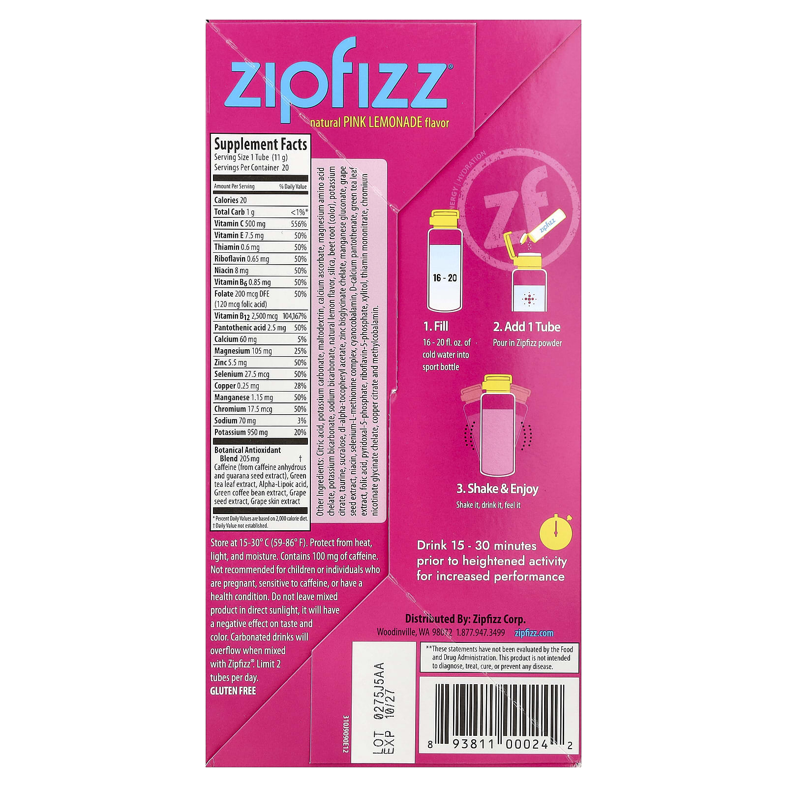 Смесь для энергетического напитка Zipfizz Pink Lemonade, оттенок 20 Tubes, 11 г, смесь для напитка — фото 3
