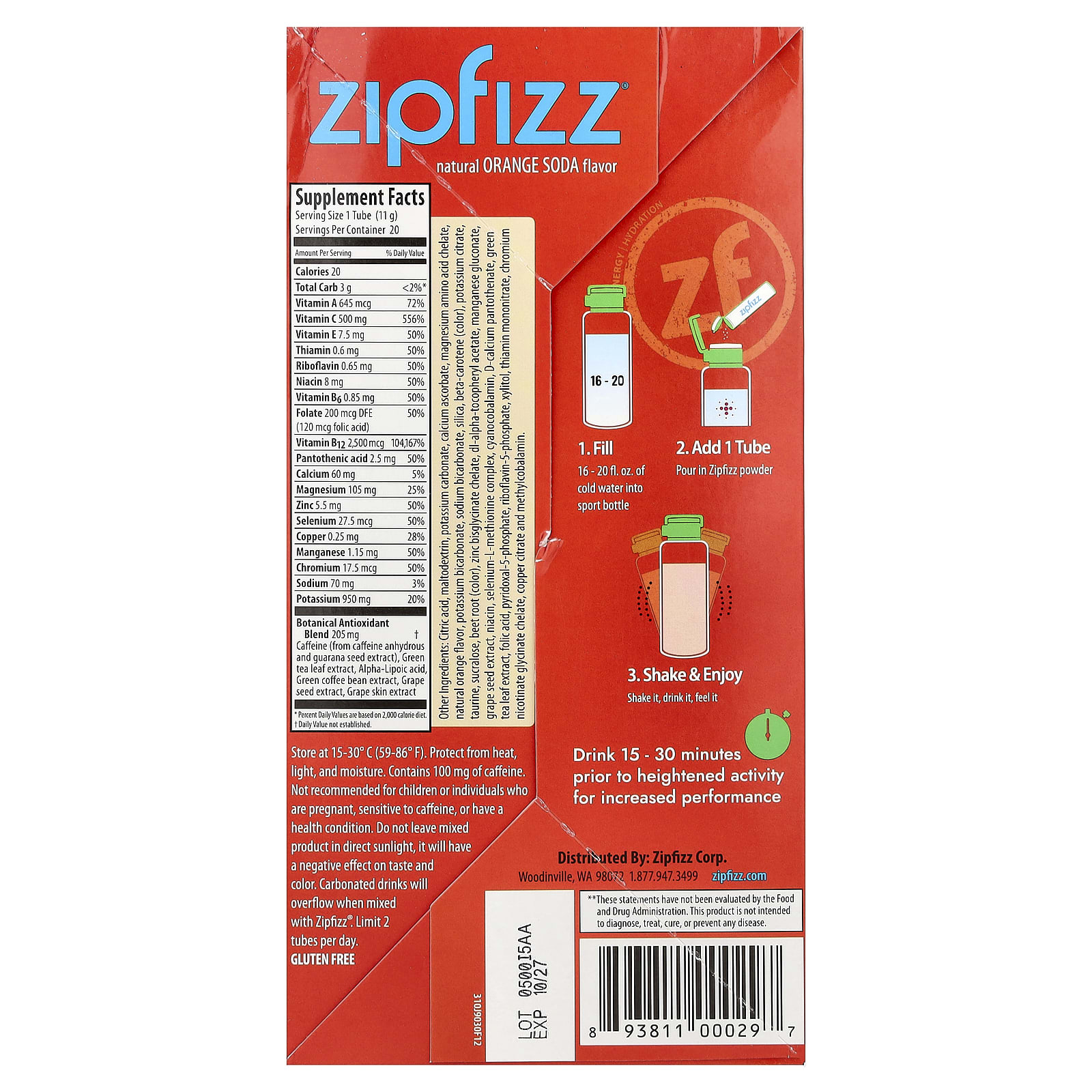 Смесь для энергетического напитка Zipfizz Orange Soda, оттенок 20 Tubes, 11 г, смесь для напитка — фото 3