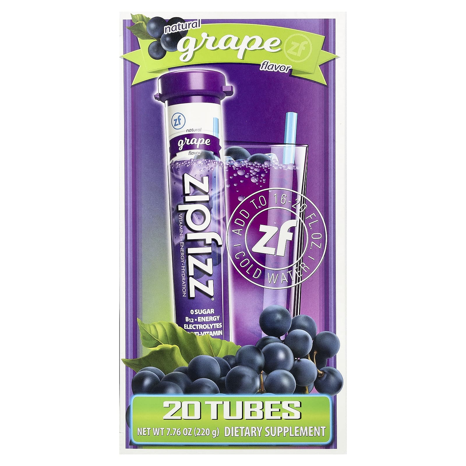 Смесь для энергетического напитка Zipfizz Grape, оттенок 20 Tubes, 11 г, смесь для напитка — фото 2