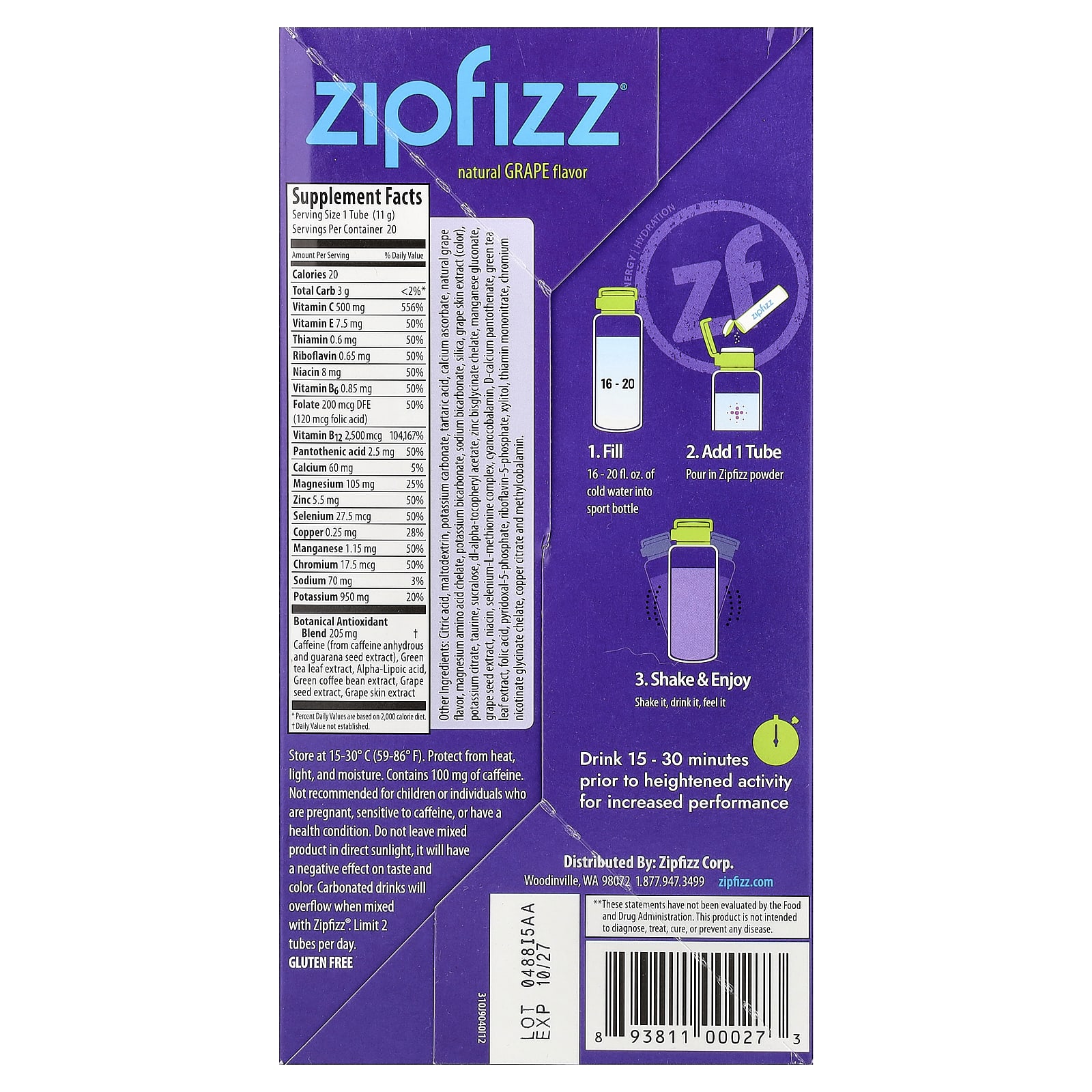 Смесь для энергетического напитка Zipfizz Grape, оттенок 20 Tubes, 11 г, смесь для напитка — фото 3