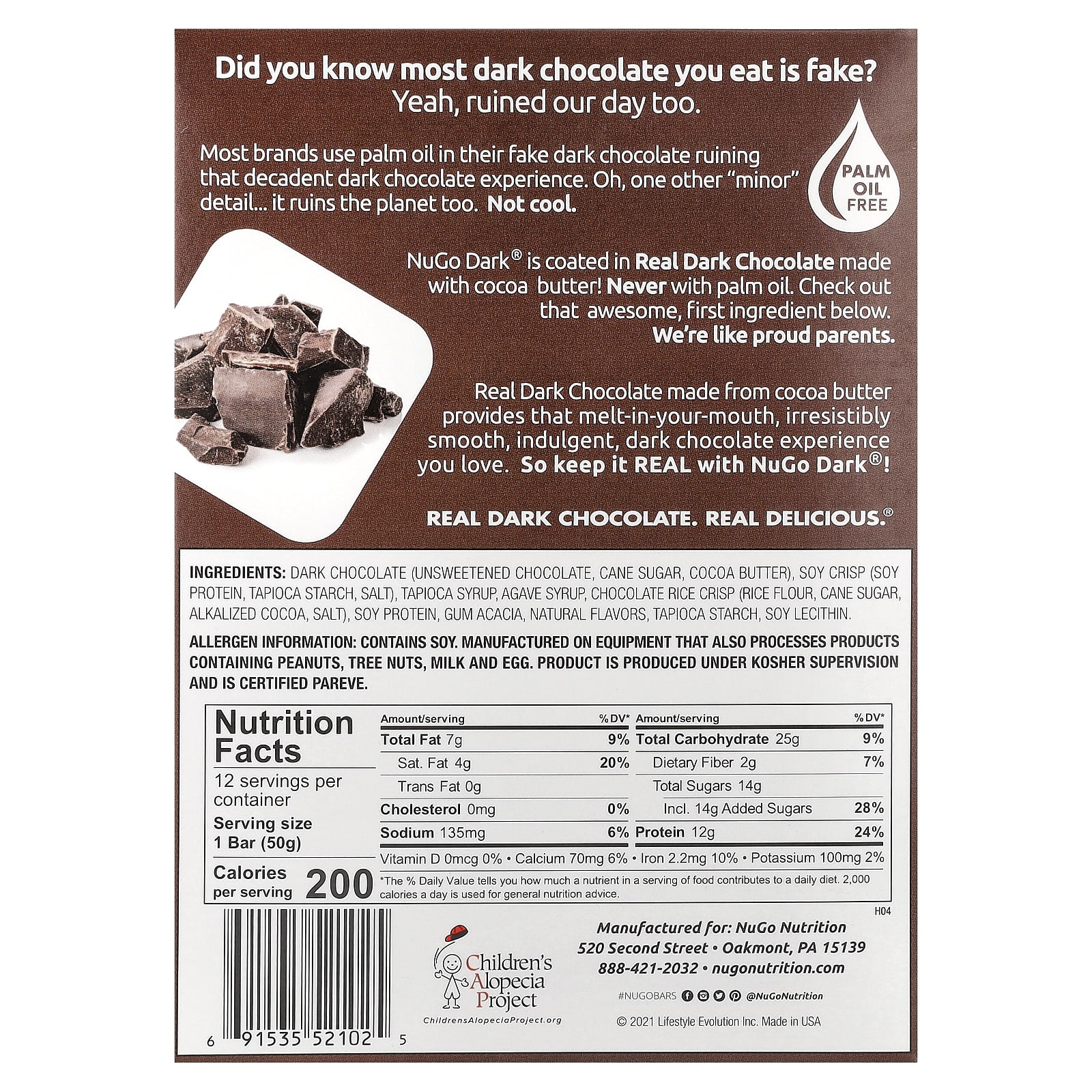 Шоколад NuGo Nutrition Dark® Protein Bars Chip, 50 г, 12 шт., батончик — фото 2