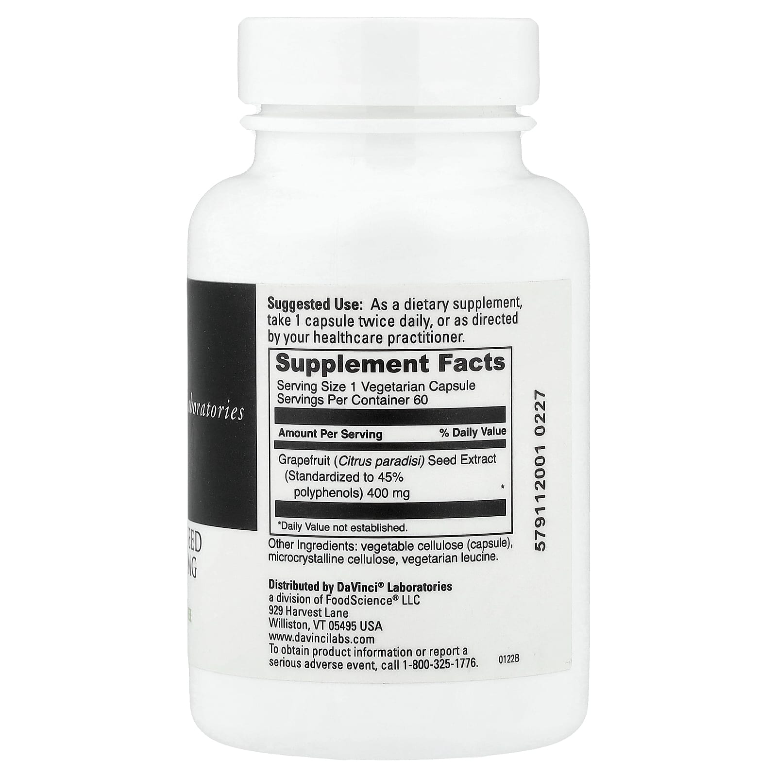 Экстракт семян грейпфрута DaVinci Laboratories, вкус Grapefruit Seed Extract, 400 мг, 60 капсул — фото 2