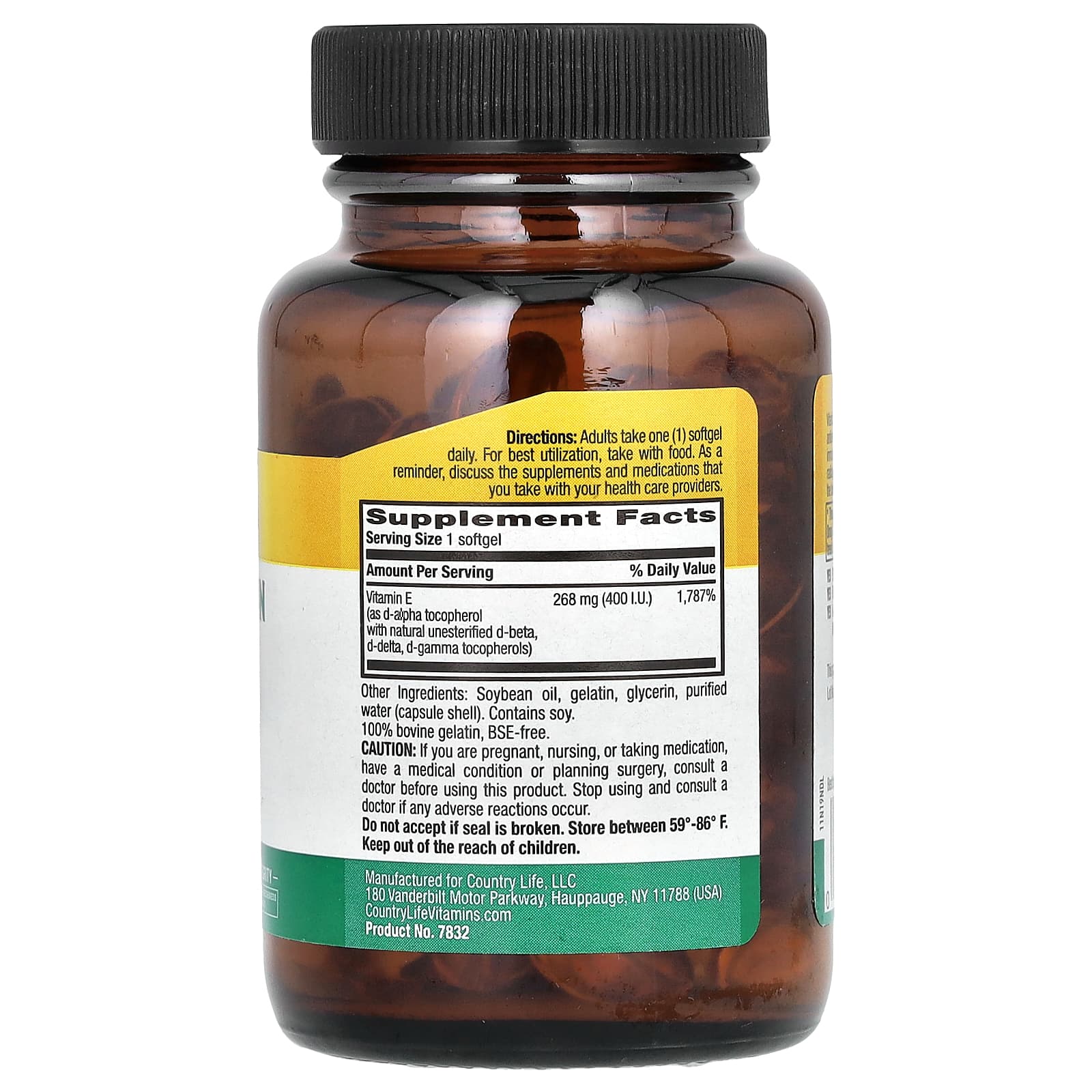 Комплекс Country Life Natural Vitamin E- with Mixed Tocopherols, 400 МЕ, 268 мг, 90 мягких капсул — фото 2