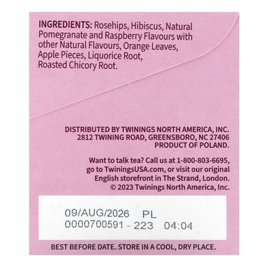 Чай Twinings Flavored Herbal Pomegranate & Raspberry Caffeine Free, оттенок 20 Tea Bags, 40 г, чайные пакетики
