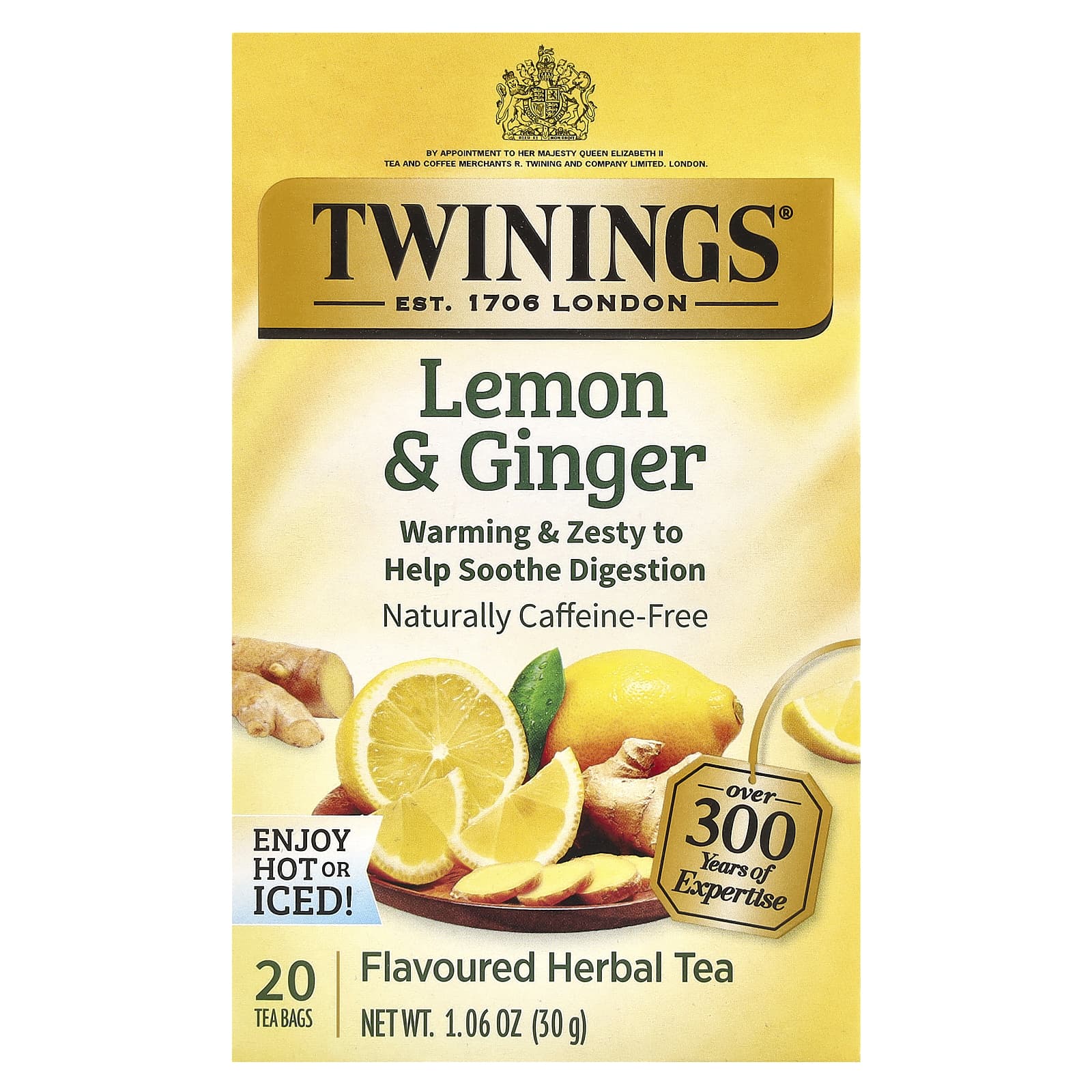 Имбирь Twinings Flavored Herbal Tea Lemon & Caffeine Free, оттенок 20 Tea Bags, 30 г, чайные пакетики — фото 3