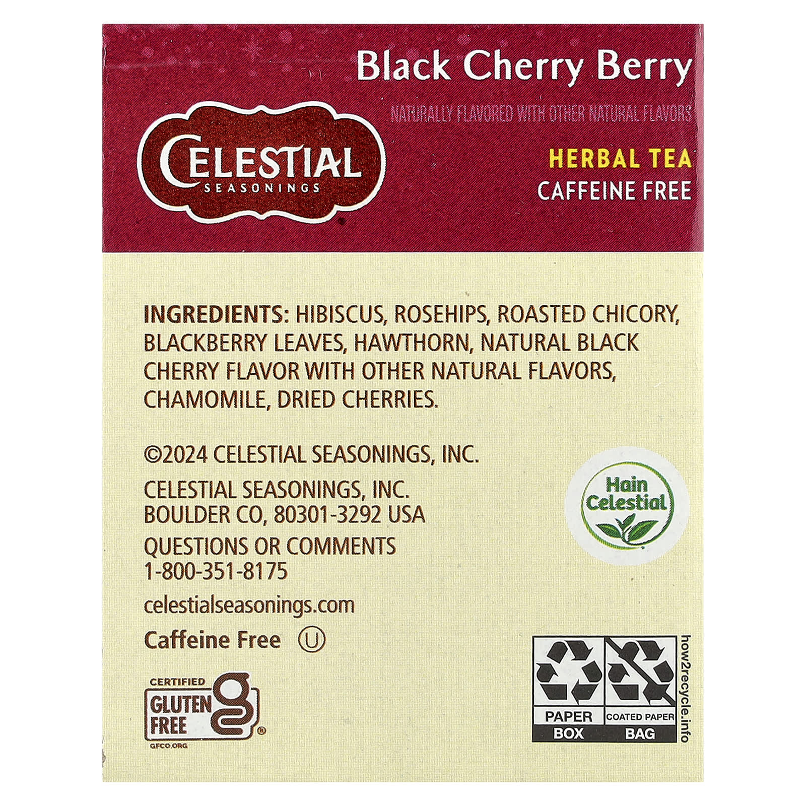 Чай Celestial Seasonings Herbal Black Cherry Berry Caffeine Free, оттенок 20 Tea Bags, 45 г, чайные пакетики — фото 3