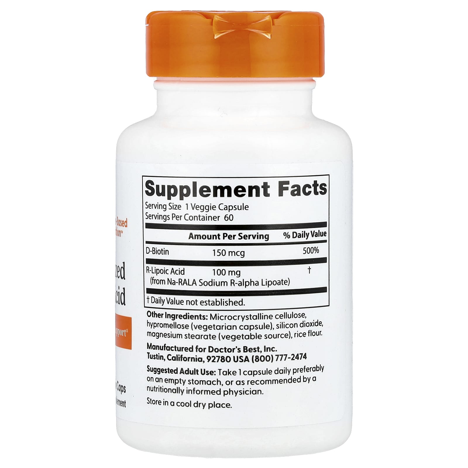 R-липоевая кислота Doctor's Best Stabilized R-Lipoic Acid, 100 мг, 60 растительных капсул — фото 2